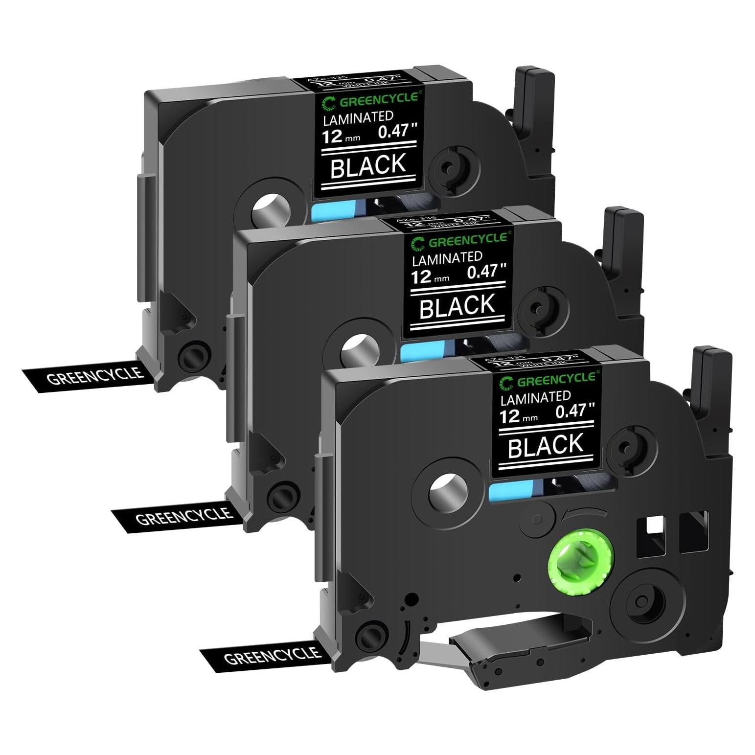 Cinta Laminada Etiqueta GREENCYCLE TZe-335 12mm Blanco Negro