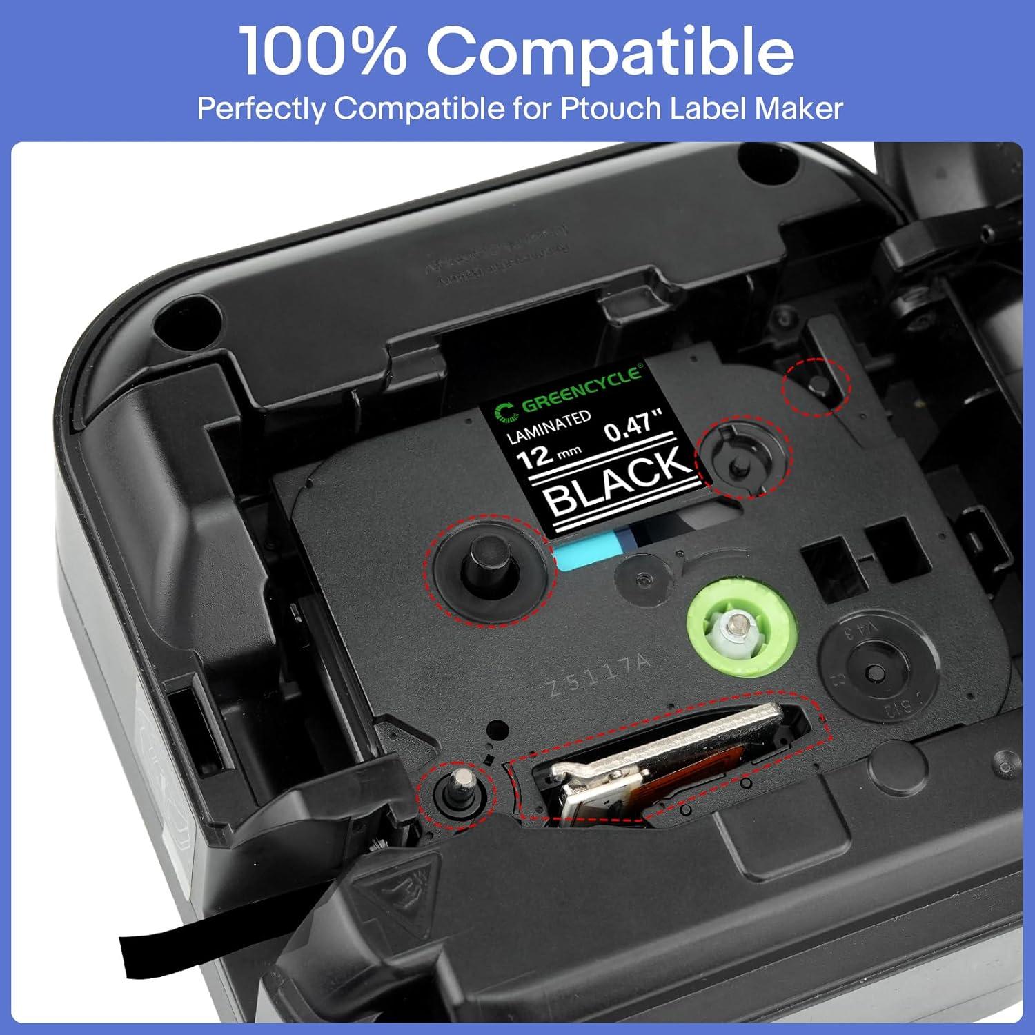 Cinta Laminada Etiqueta GREENCYCLE TZe-335 12mm Blanco Negro