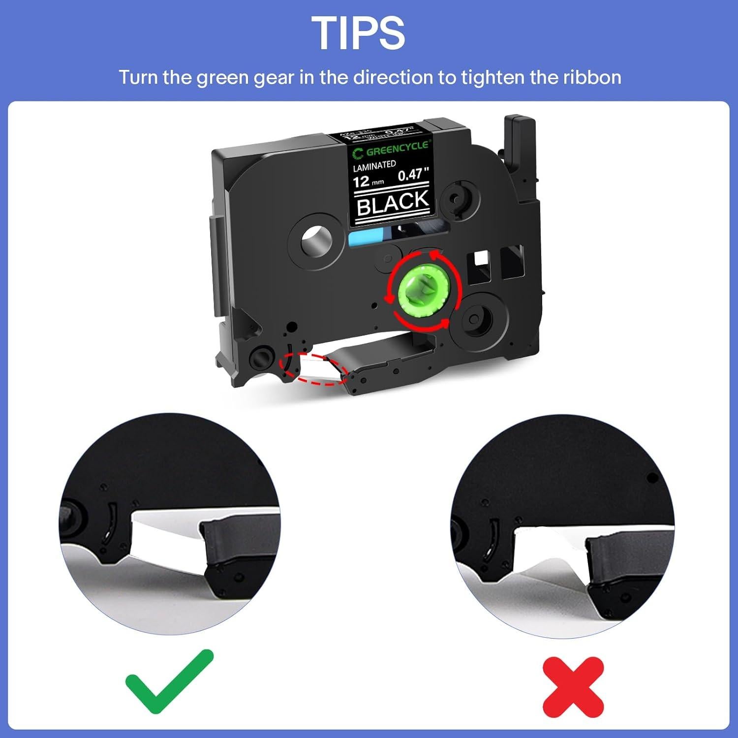 Cinta Laminada Etiqueta GREENCYCLE TZe-335 12mm Blanco Negro