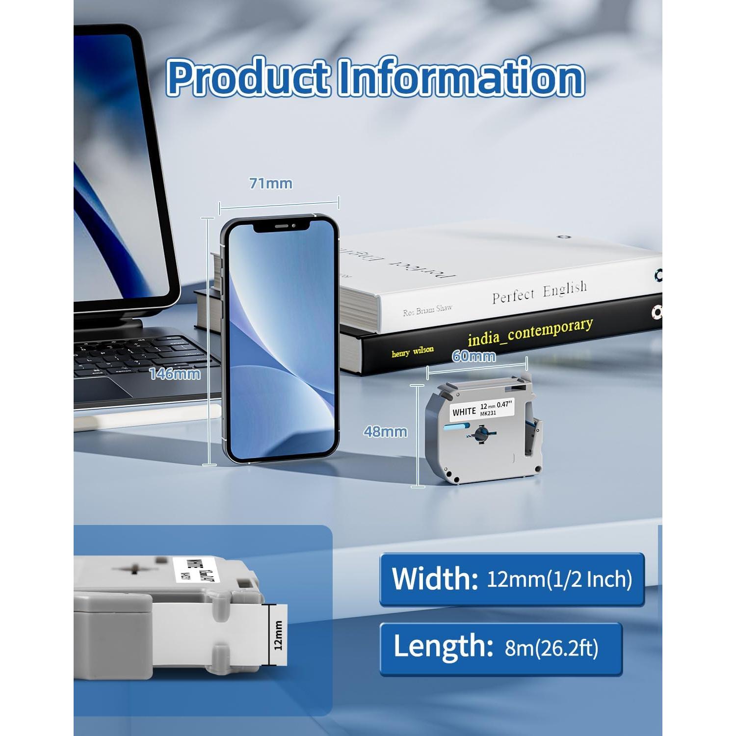 Cinta de Etiquetas Oozmas M-K231 12mm Negro sobre Blanco - Paquete de 6