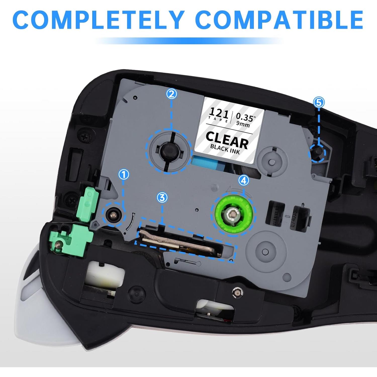 Cinta de Etiquetas Laminada Unismar TZe-121 9mm Negra Transparente - Paquete de 5