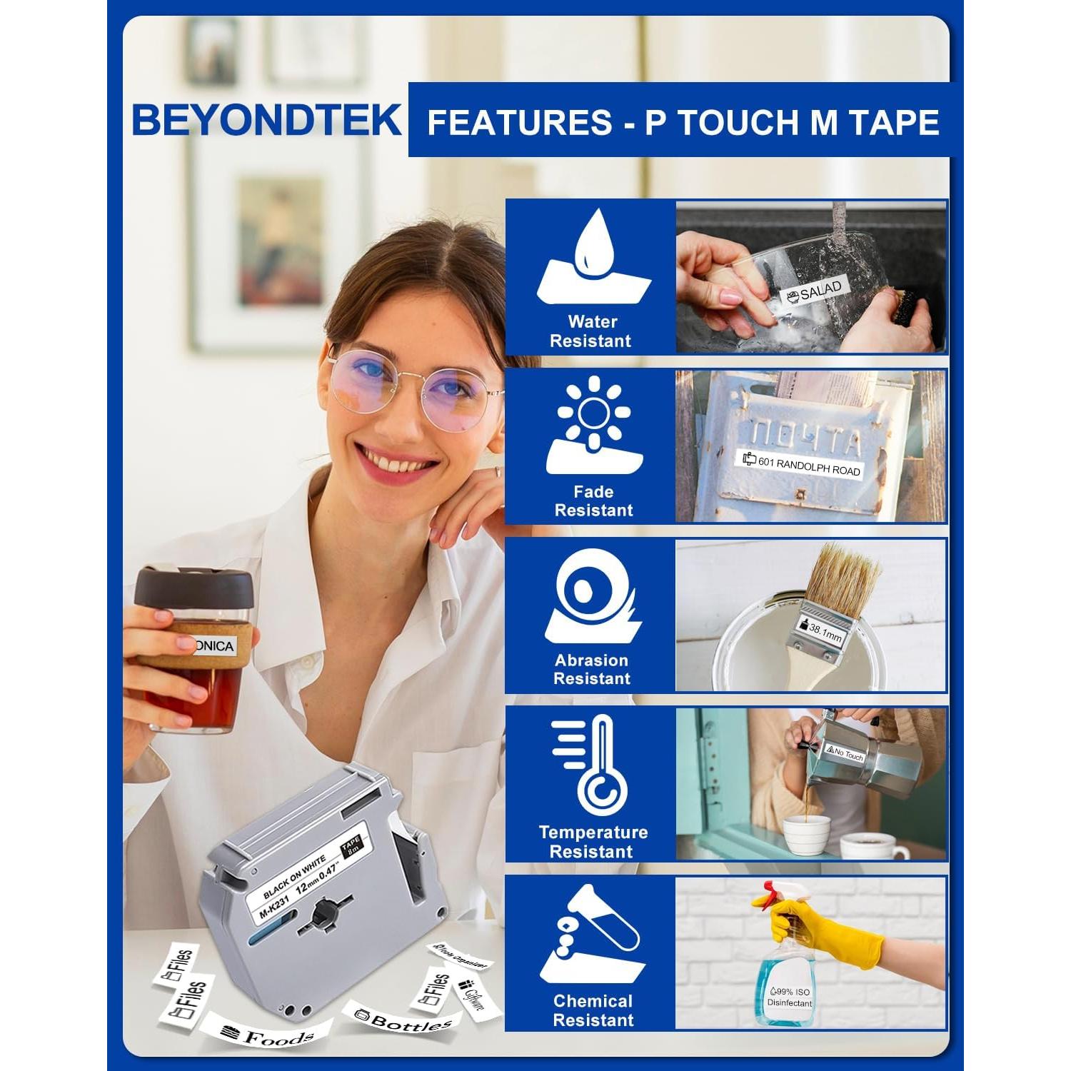 4 Cintas de Etiqueta 12mm BEYONDTEK MK231 Blanco Negro 8m