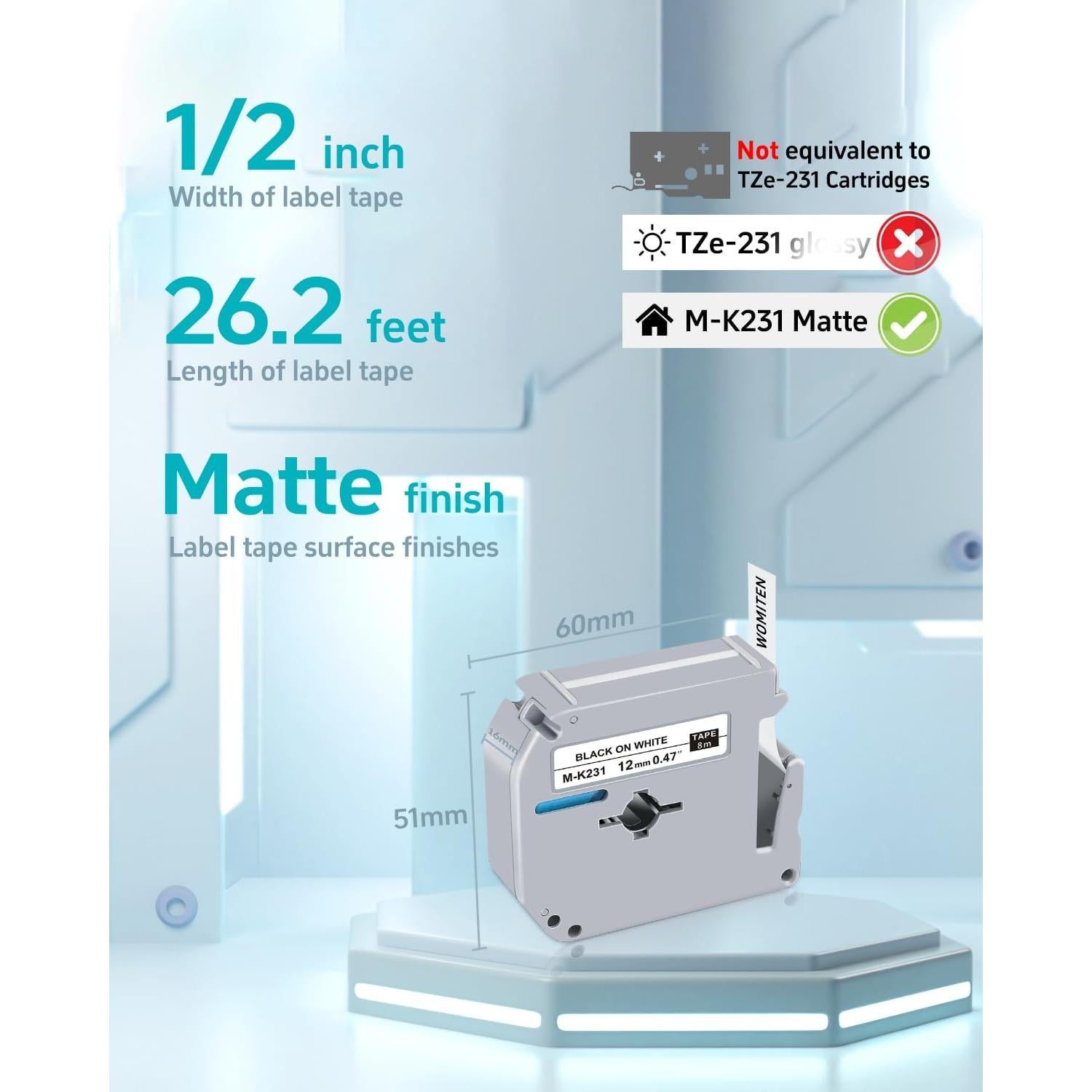 Cinta de Etiqueta Womiten M-K231 12mm Blanca 5-Pack