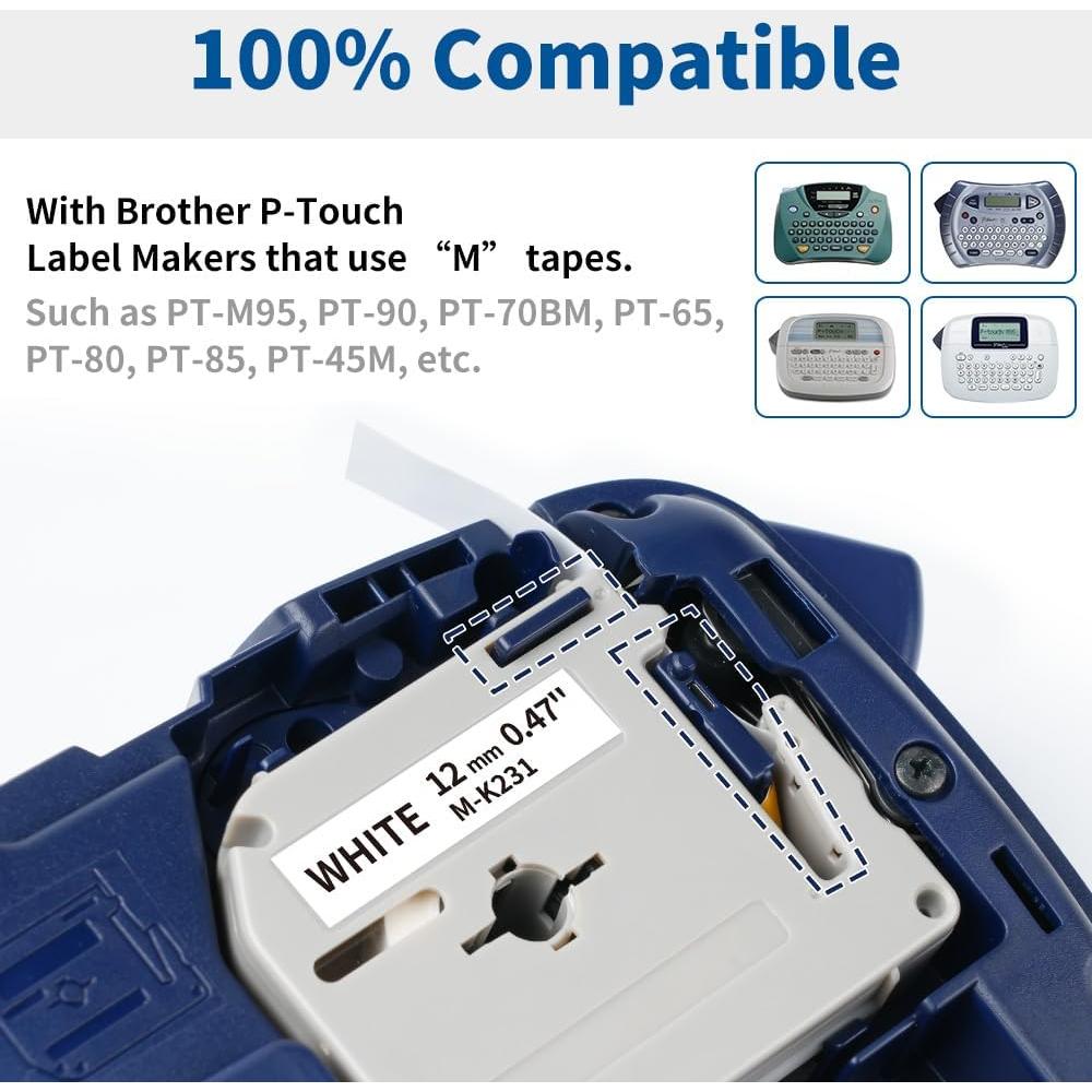 Cintas de Etiquetas COLORWING MK-231 12mm Negro sobre Blanco 4-Pack