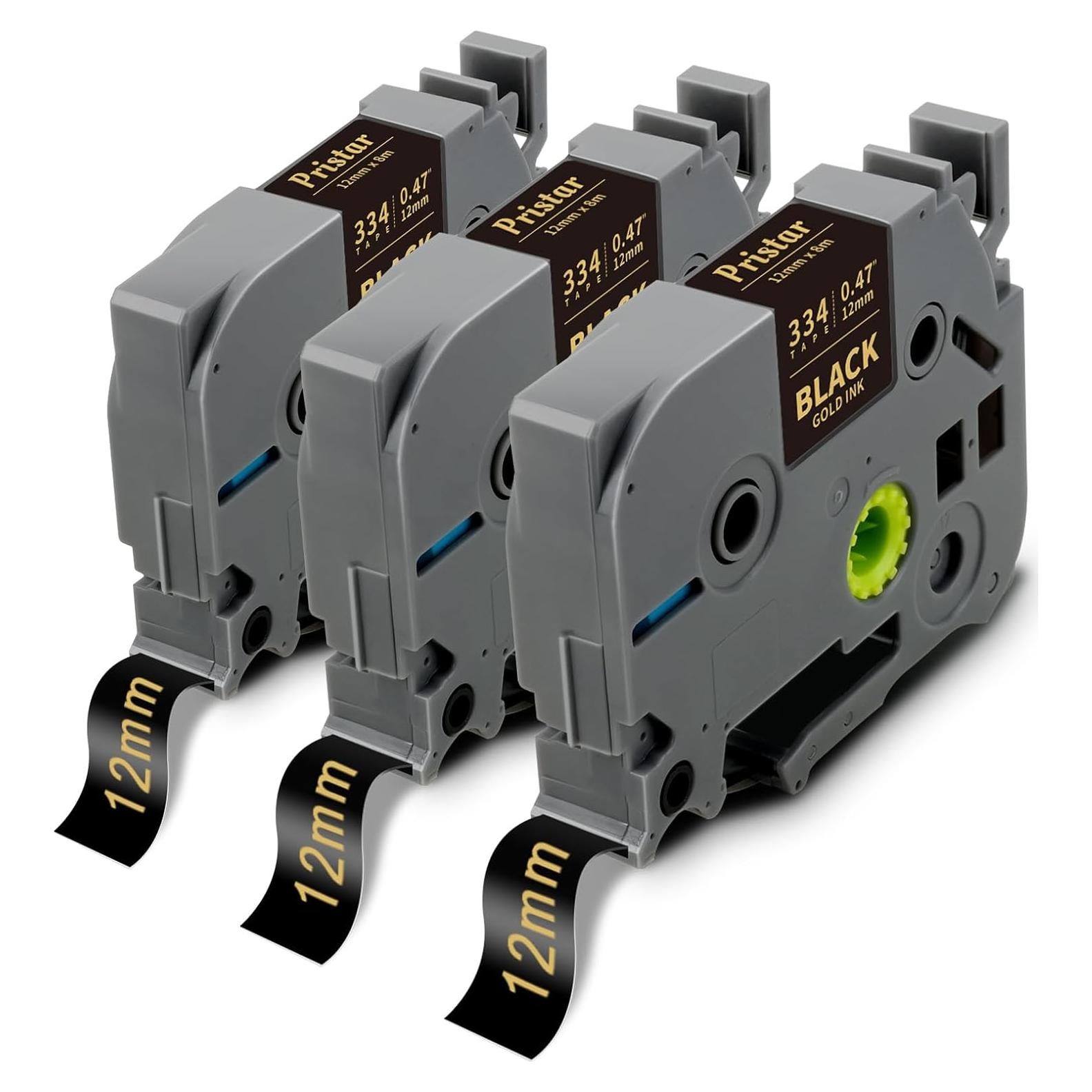 Cinta de Etiquetas Pristar TZe-334 Dorada sobre Negra 12mm - Paquete de 3