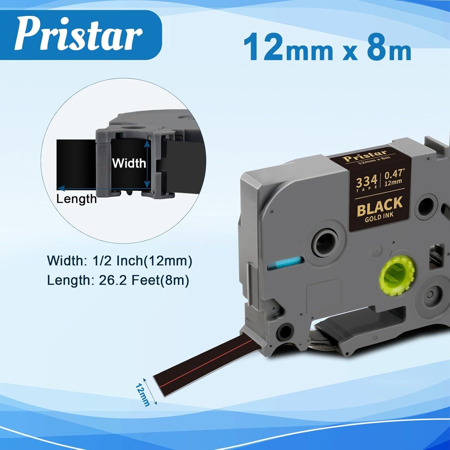 Cinta de Etiquetas Pristar TZe-334 Dorada sobre Negra 12mm - Paquete de 3