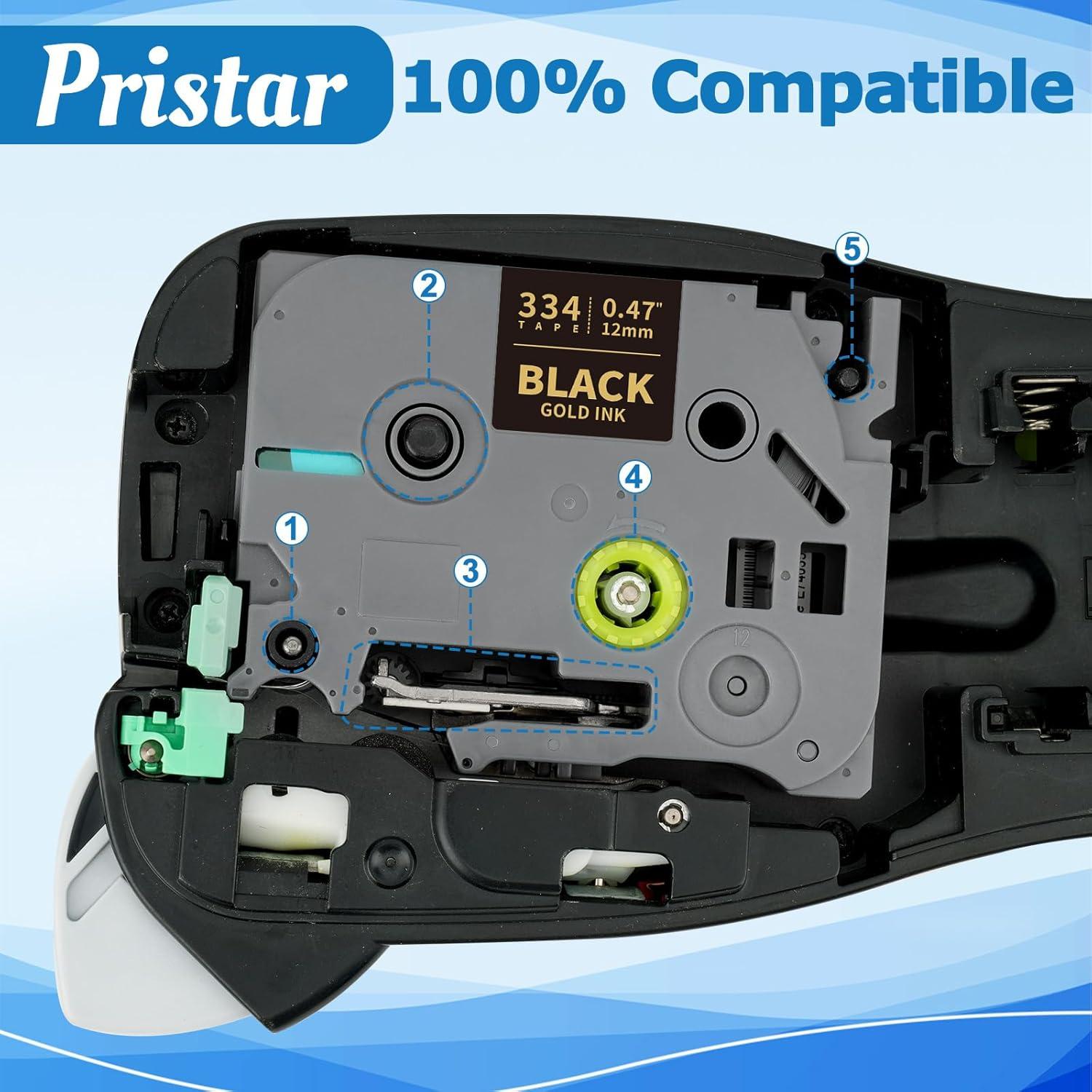 Cinta de Etiquetas Pristar TZe-334 Dorada sobre Negra 12mm - Paquete de 3