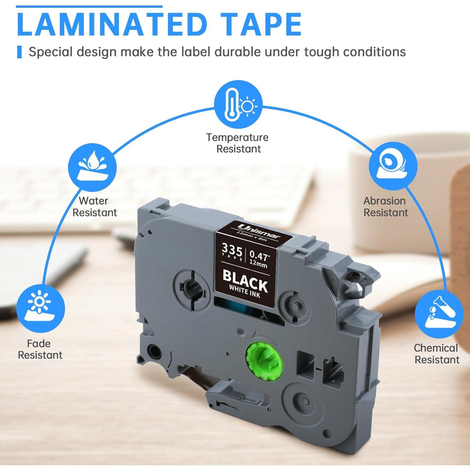 Cinta de Etiquetado Unismar TZe-335 12mm Blanca sobre Negra