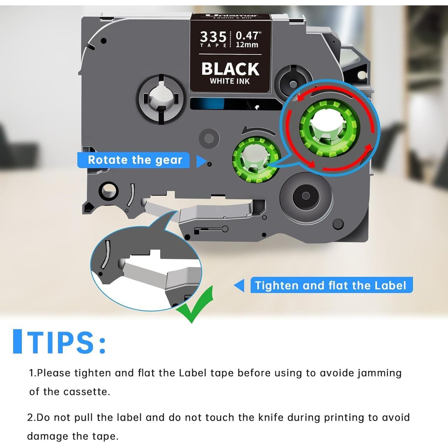 Cinta de Etiquetado Unismar TZe-335 12mm Blanca sobre Negra