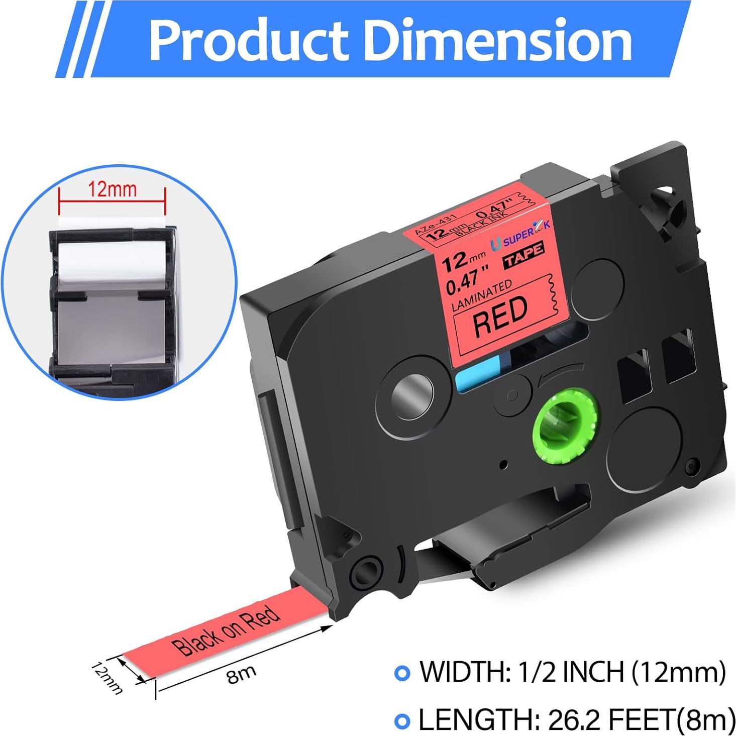 Cinta de Etiqueta Laminada USUPERINK TZe-431 12mm Negra/Roja 6PK