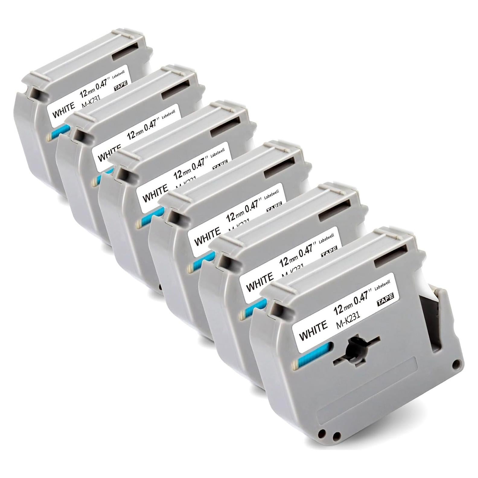 Paquete de 6 Cintas de Etiqueta M-K231s Labelwell 12mm Negro sobre Blanco