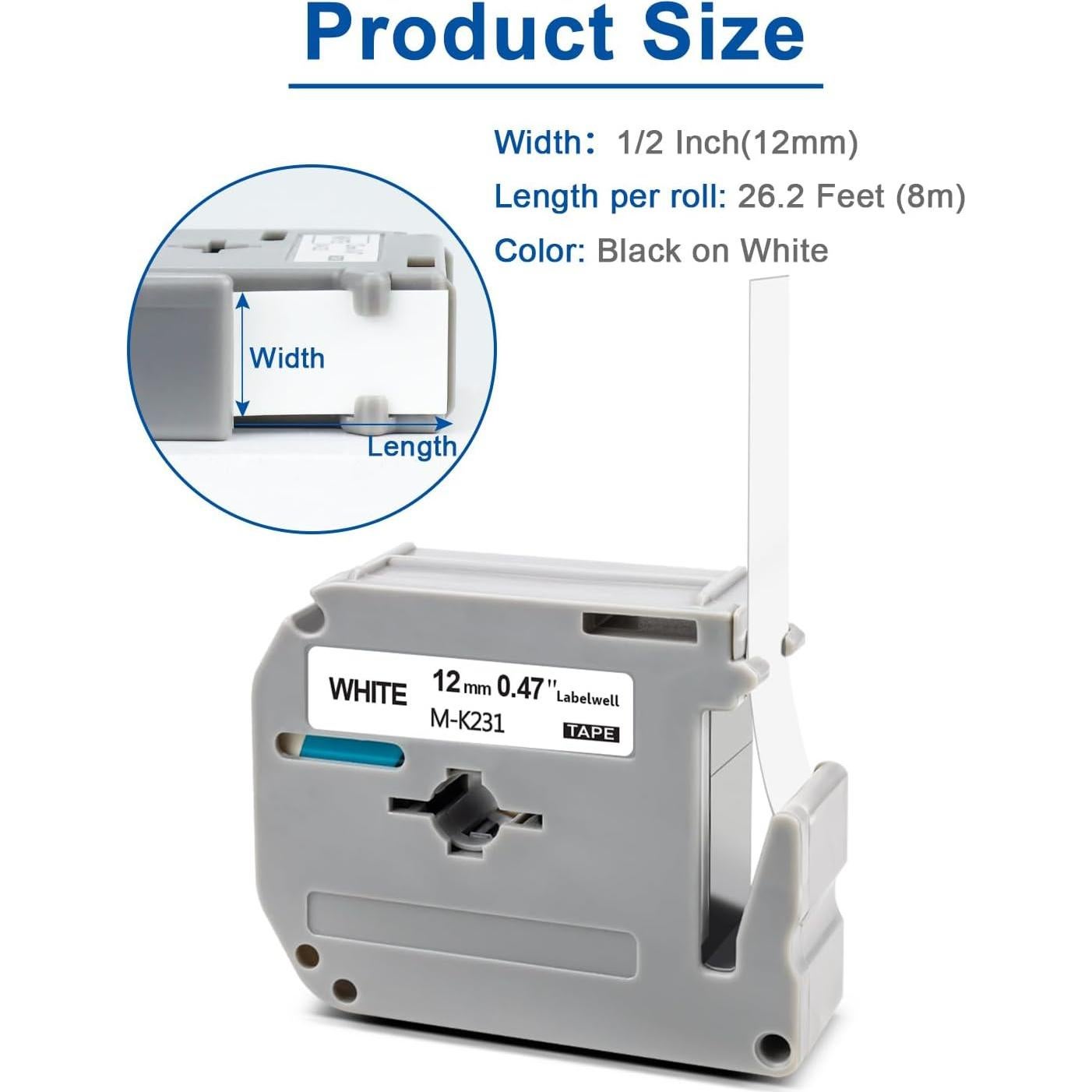 Paquete de 6 Cintas de Etiqueta M-K231s Labelwell 12mm Negro sobre Blanco