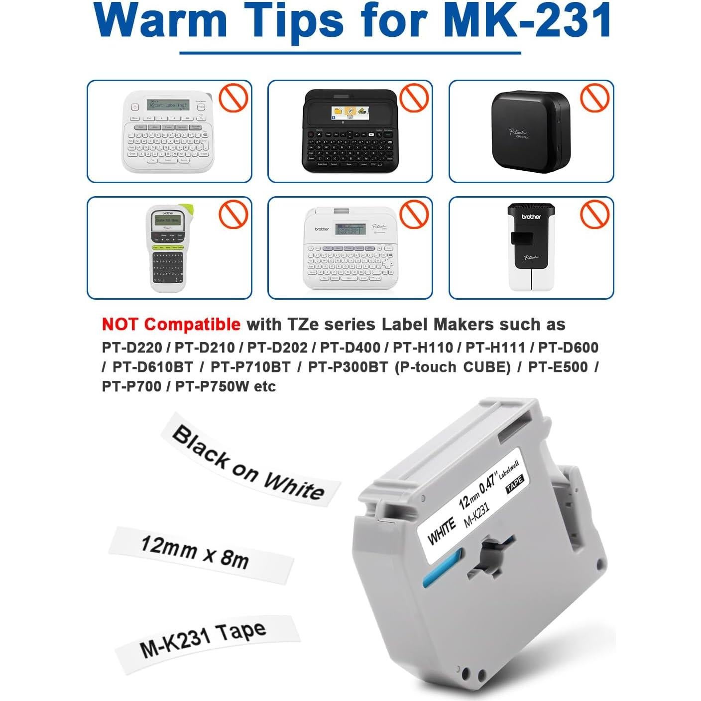 Paquete de 6 Cintas de Etiqueta M-K231s Labelwell 12mm Negro sobre Blanco