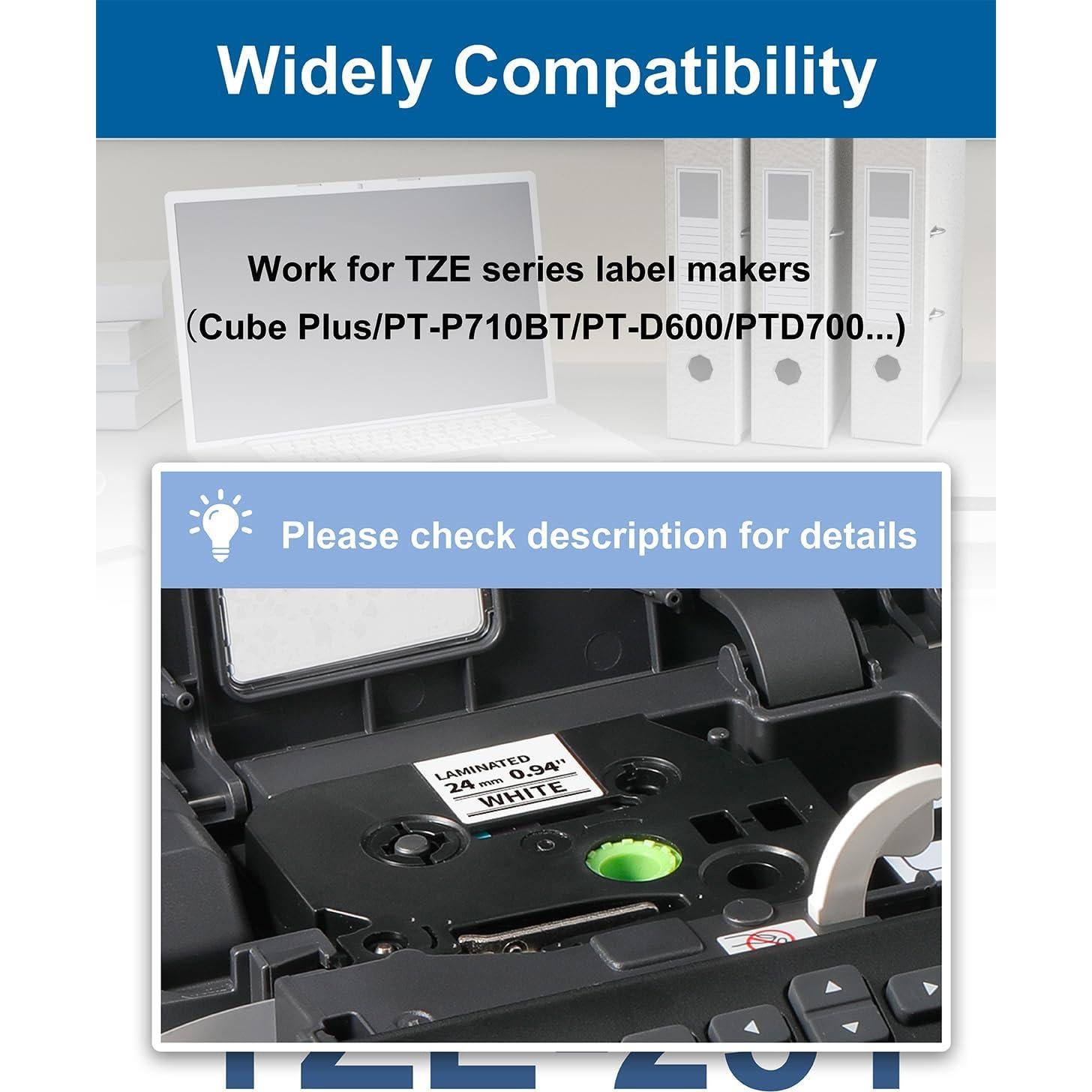 Cinta de Etiqueta 24mm Oozmas TZE-S251 Laminada Blanca 6 Paquete