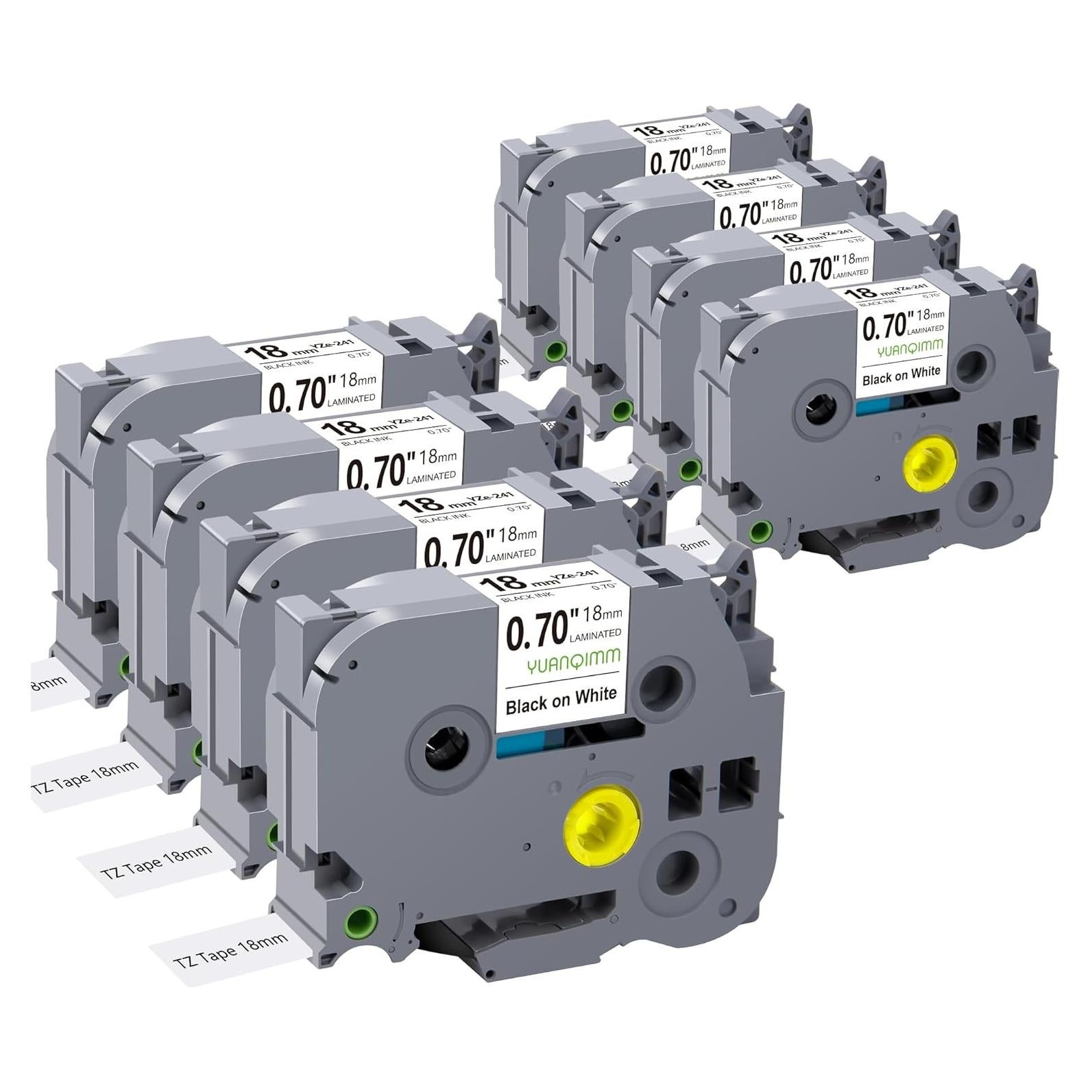 Cinta Laminada 18mm YUANQIMM TZe-241 Negra sobre Blanca 8-Pack