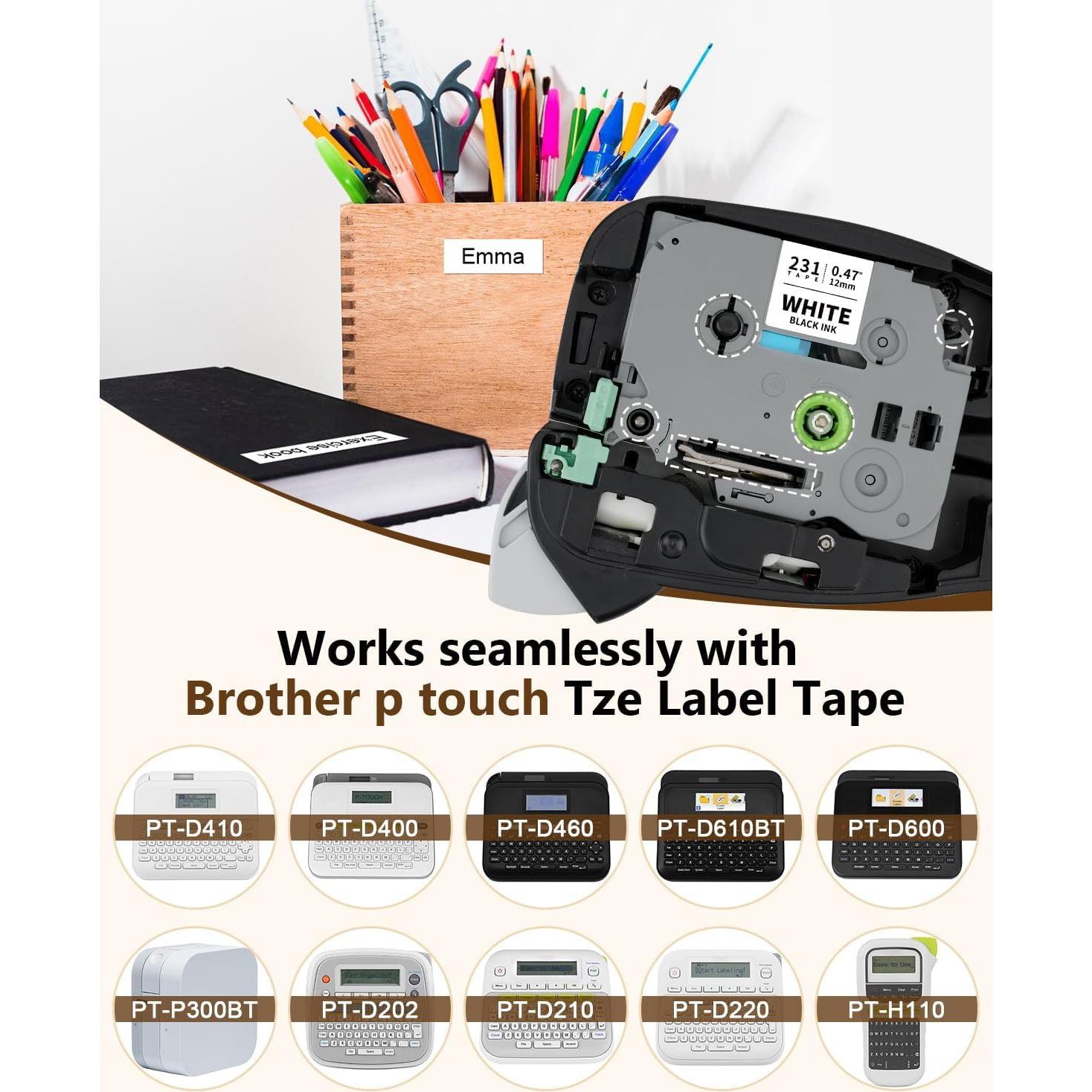 Cinta de Etiquetadora Brother TZe-231 12mm Negro sobre Blanco - 5 Unidades