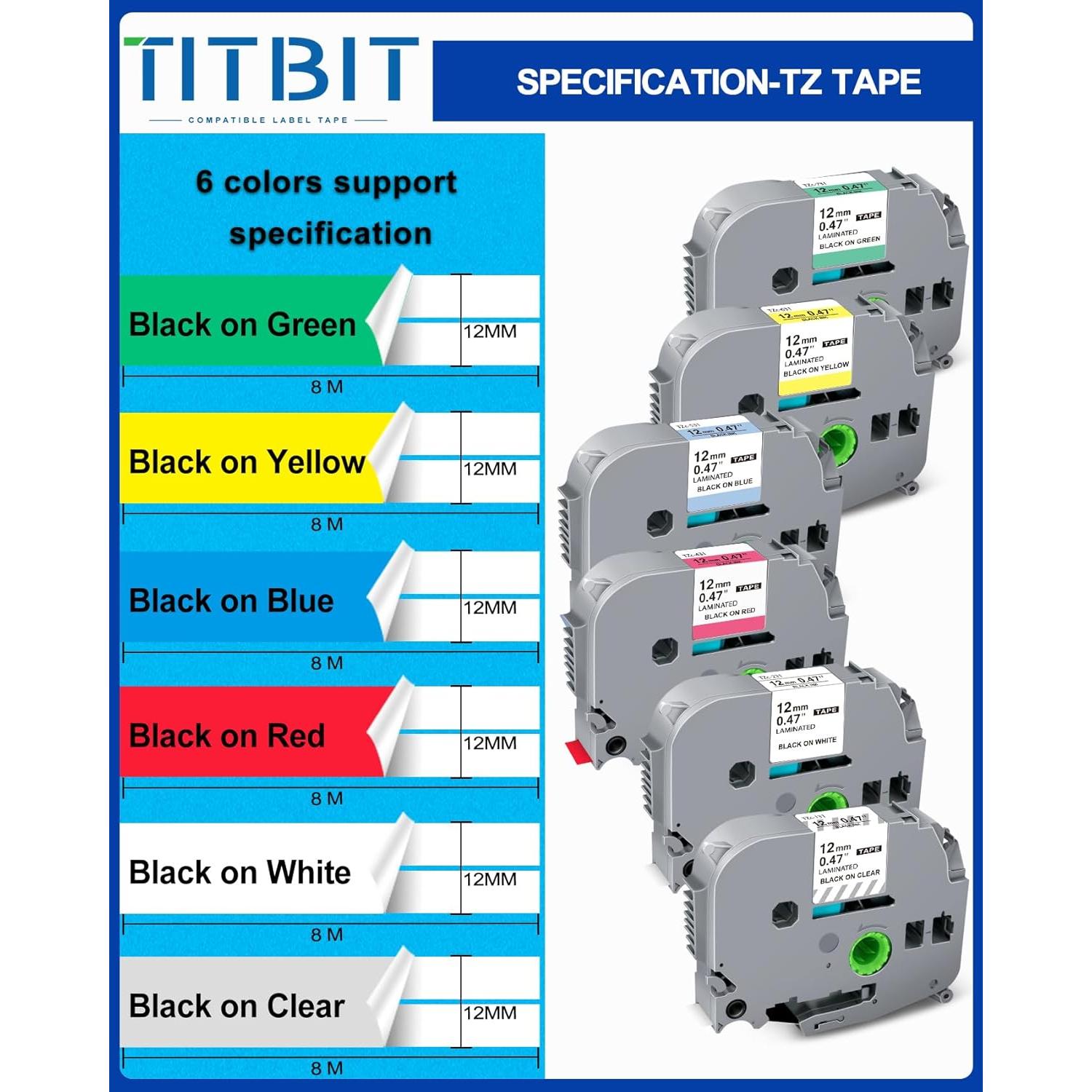 Cinta de Etiquetas TZe 12mm 6 Colores TITBIT para Brother