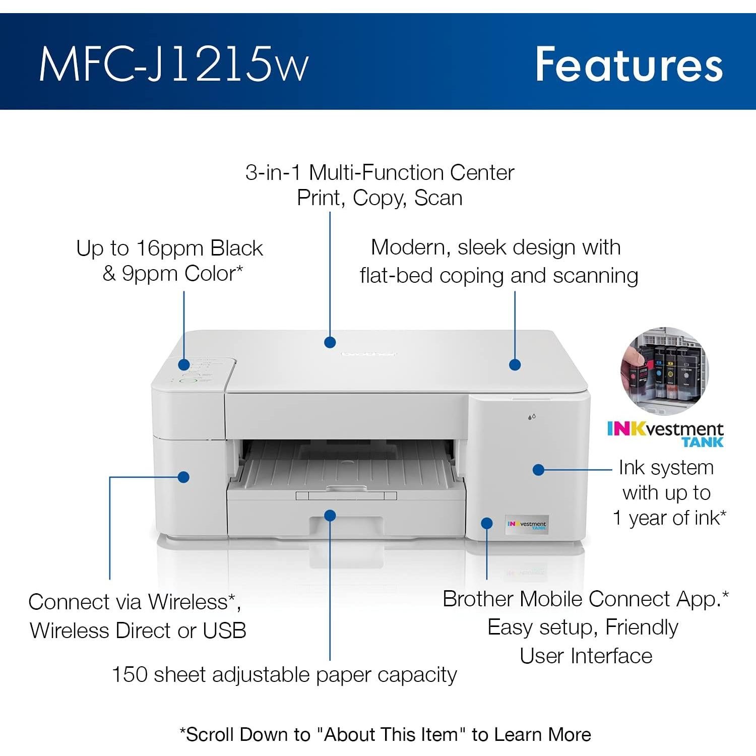 Impresora Multifuncional Brother MFC-J1215W INKvestment 6.5 kg