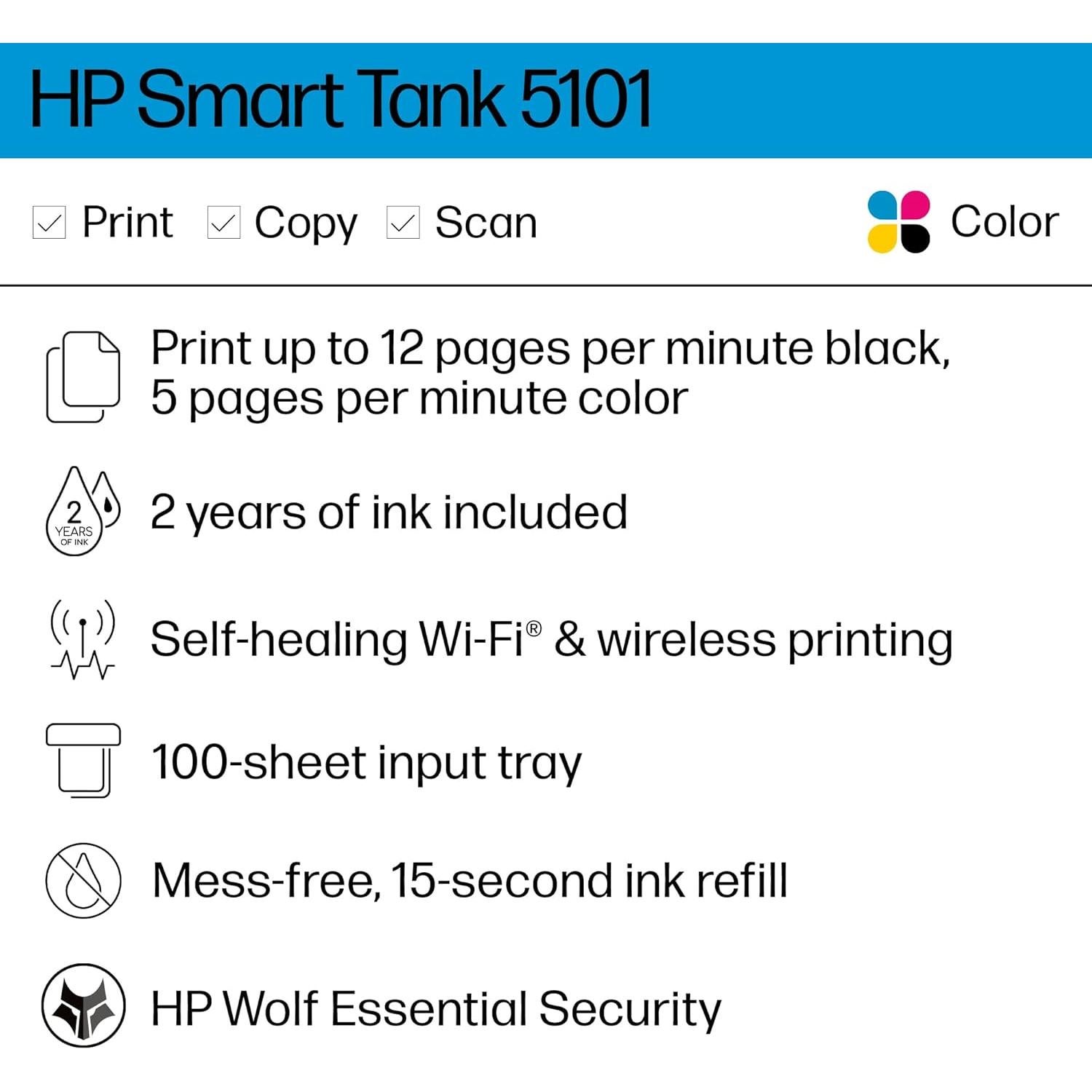 Impresora HP Smart Tank 5101 Inalámbrica Todo-en-Uno