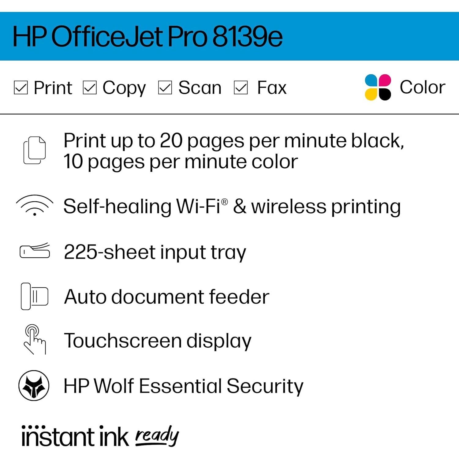 Impresora multifuncional HP OfficeJet Pro 8139e ADF color