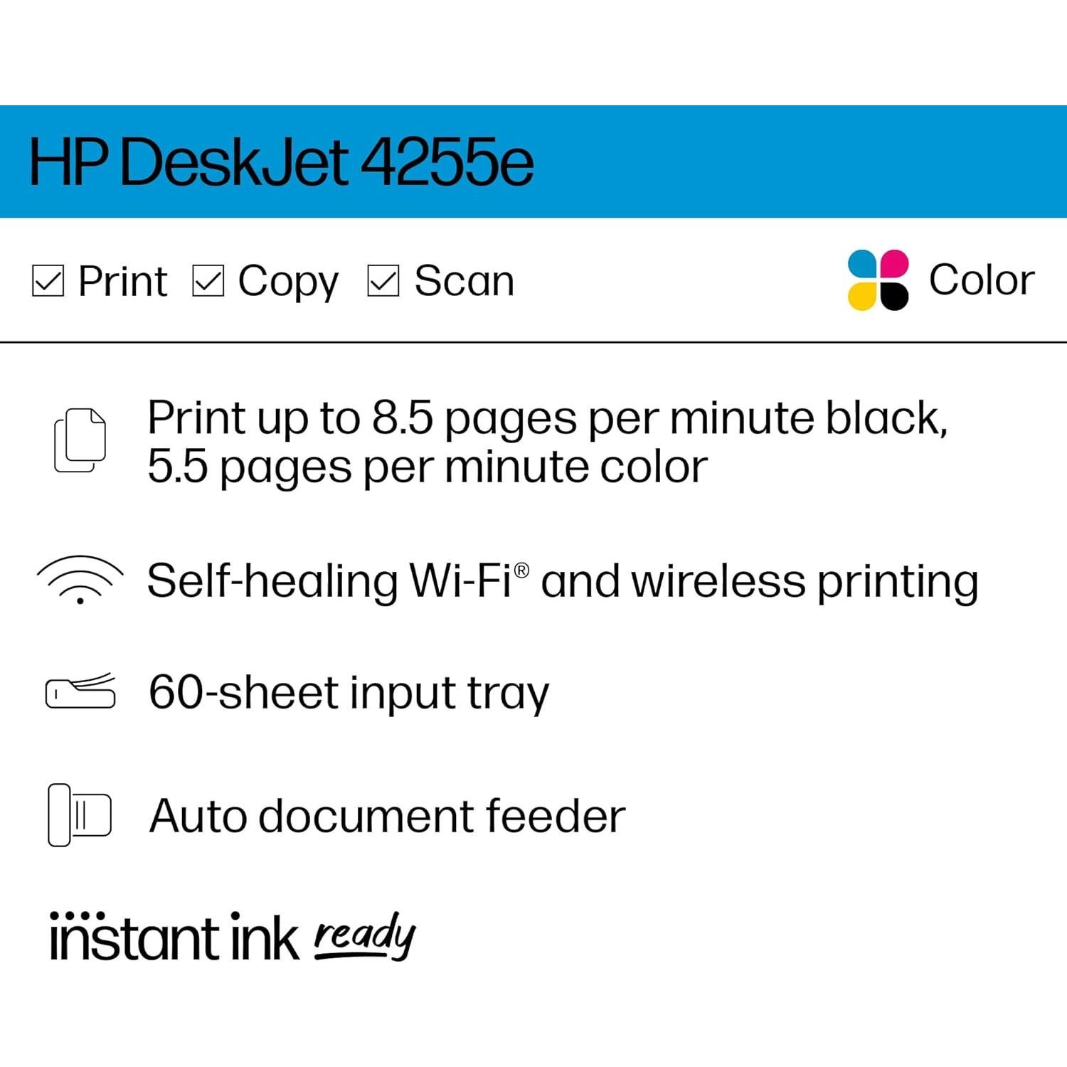 Impresora Multifuncional Inalámbrica HP DeskJet 4255e - Color, Escáner y Copiadora