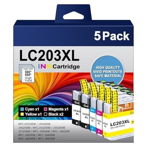 LC203XL Ink Cartridges Replacement for Brother LC203 LC201 XL LC201XL Ink Work with Brother MFC-J480DW MFC-J880DW MFC-J4420DW MFC-J680DW MFC-J885DW Inkjet Printer (2 Black 1 Cyan 1 Magenta 1 Yellow)