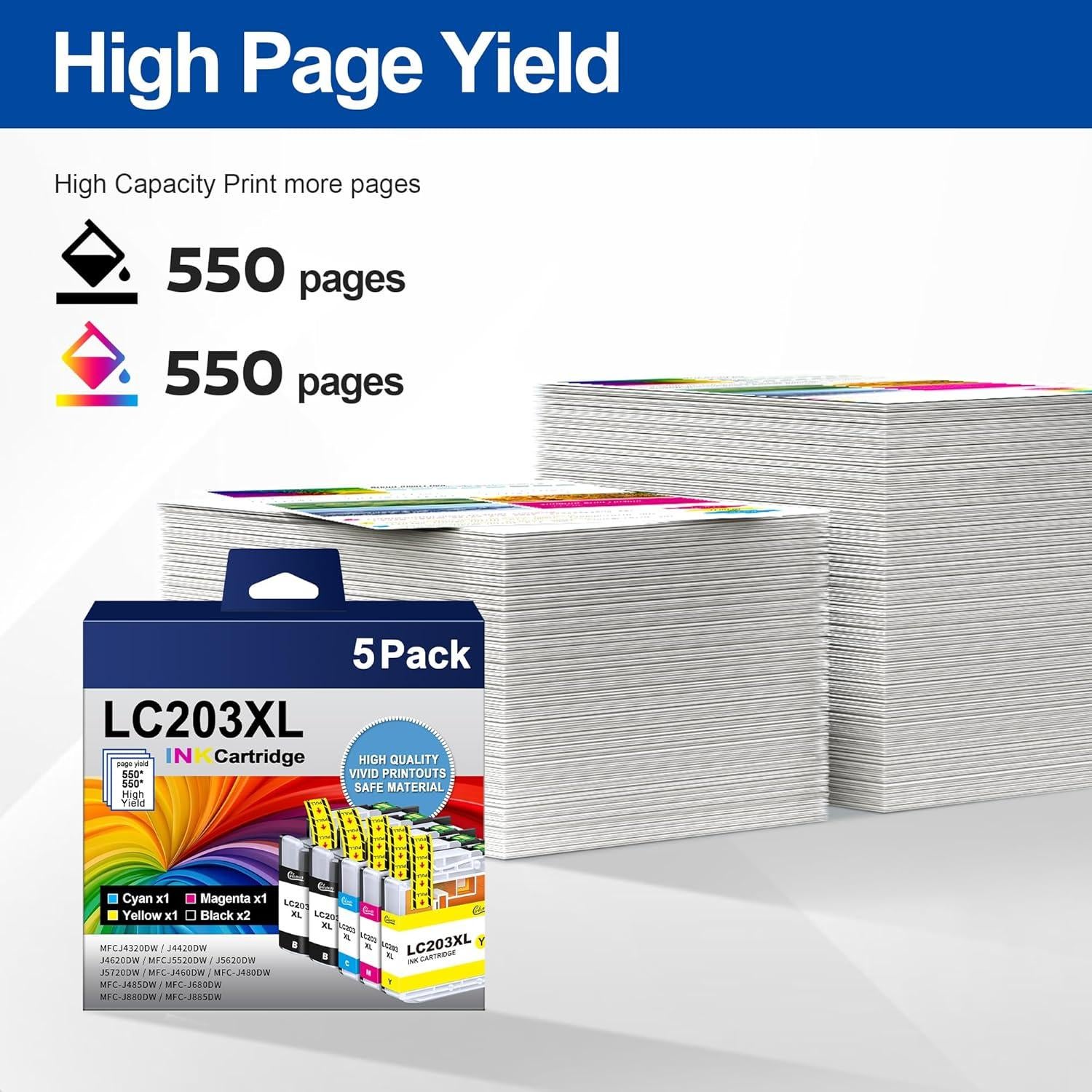 LC203XL Ink Cartridges Replacement for Brother LC203 LC201 XL LC201XL Ink Work with Brother MFC-J480DW MFC-J880DW MFC-J4420DW MFC-J680DW MFC-J885DW Inkjet Printer (2 Black 1 Cyan 1 Magenta 1 Yellow)