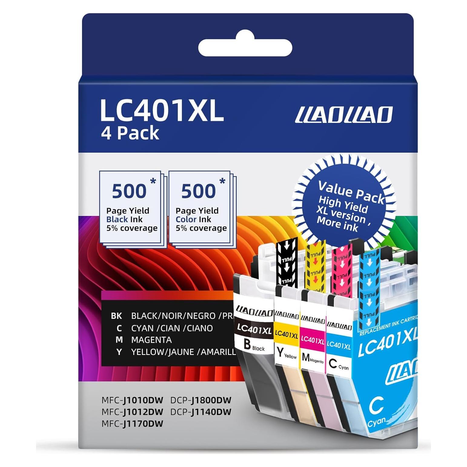 Cartuchos de tinta LLAOLLAO LC401XL para Brother MFC-J1010DW - 4 Pack