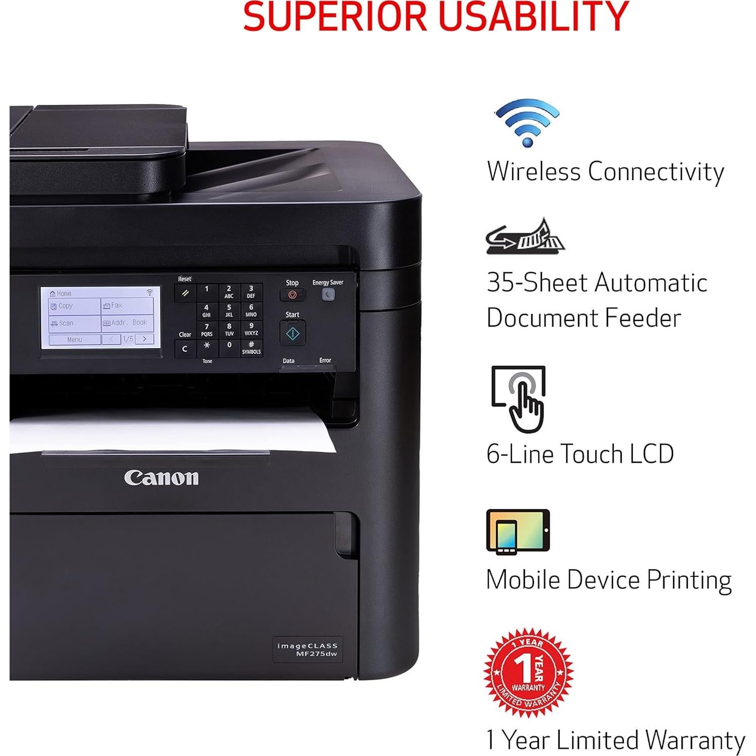 imageCLASS MF275dw - Monochrome, Duplex Wireless Laser Printer, All-In-One With Scanner, Copier, Fax, Mobile Ready, 30 PPM, Black