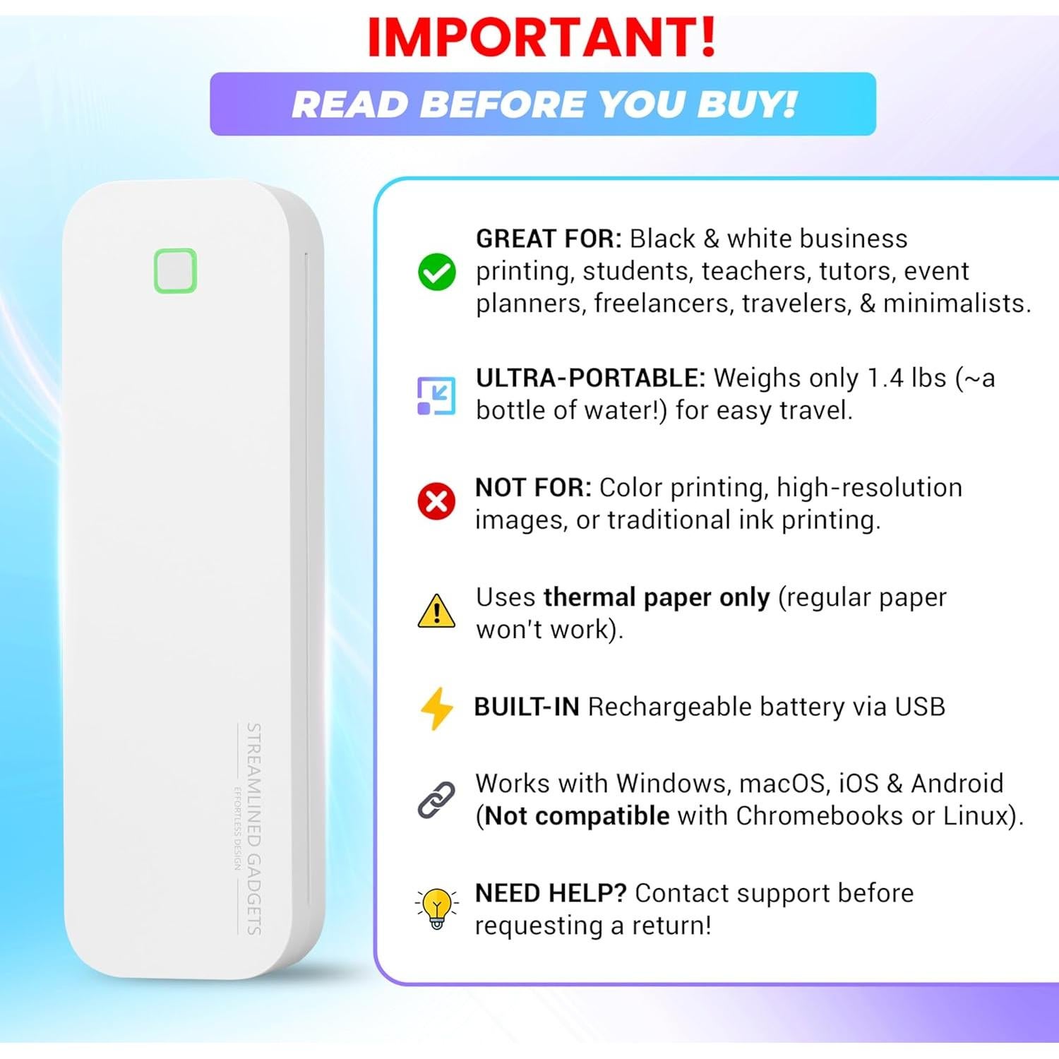 Impresora Térmica Portátil Streamlined Gadgets D80 - 300 DPI