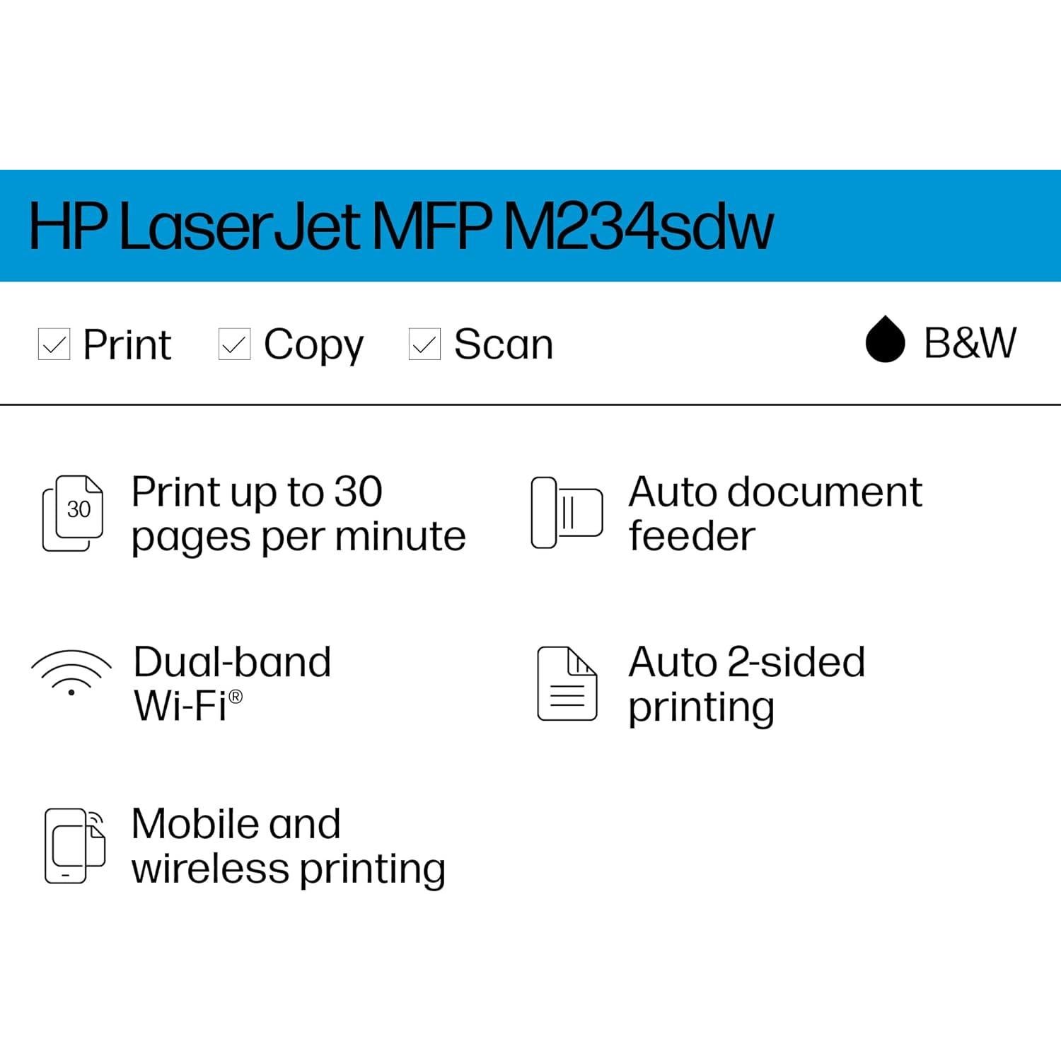 Laserjet MFP M234sdw Wireless Printer, Print, scan, Copy, Fast speeds, Easy Setup, Mobile Printing, Best-for-Small Teams