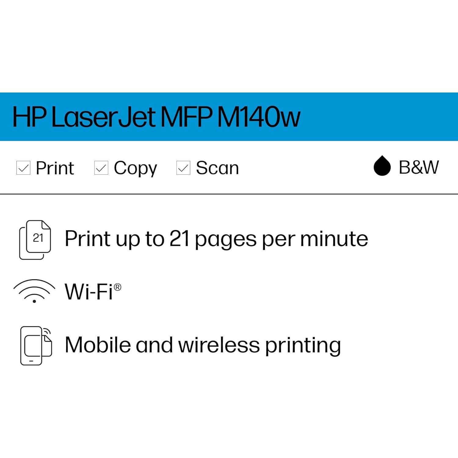 Impresora Multifuncional Láser HP LaserJet MFP M140w - Inalámbrica, Escanea y Copia