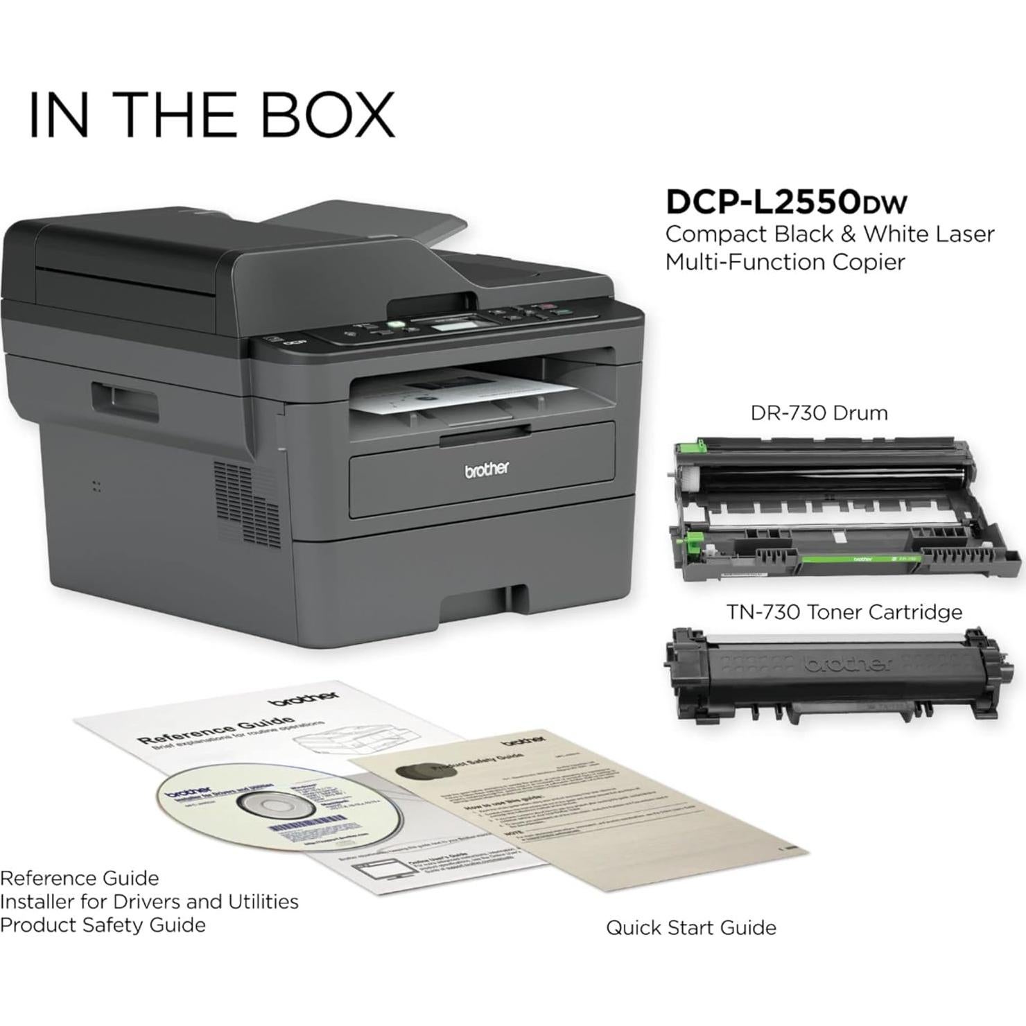DCP-L2550DW Wireless All-in-One Monochrome Laser Printer, Black - Print Scan Copy - 2400 x 600 dpi, 36 ppm, 128MB Memory, 250-Sheet, 50-Sheet ADF, Automatic Duplex Printing, Ethernet, Tillsiy