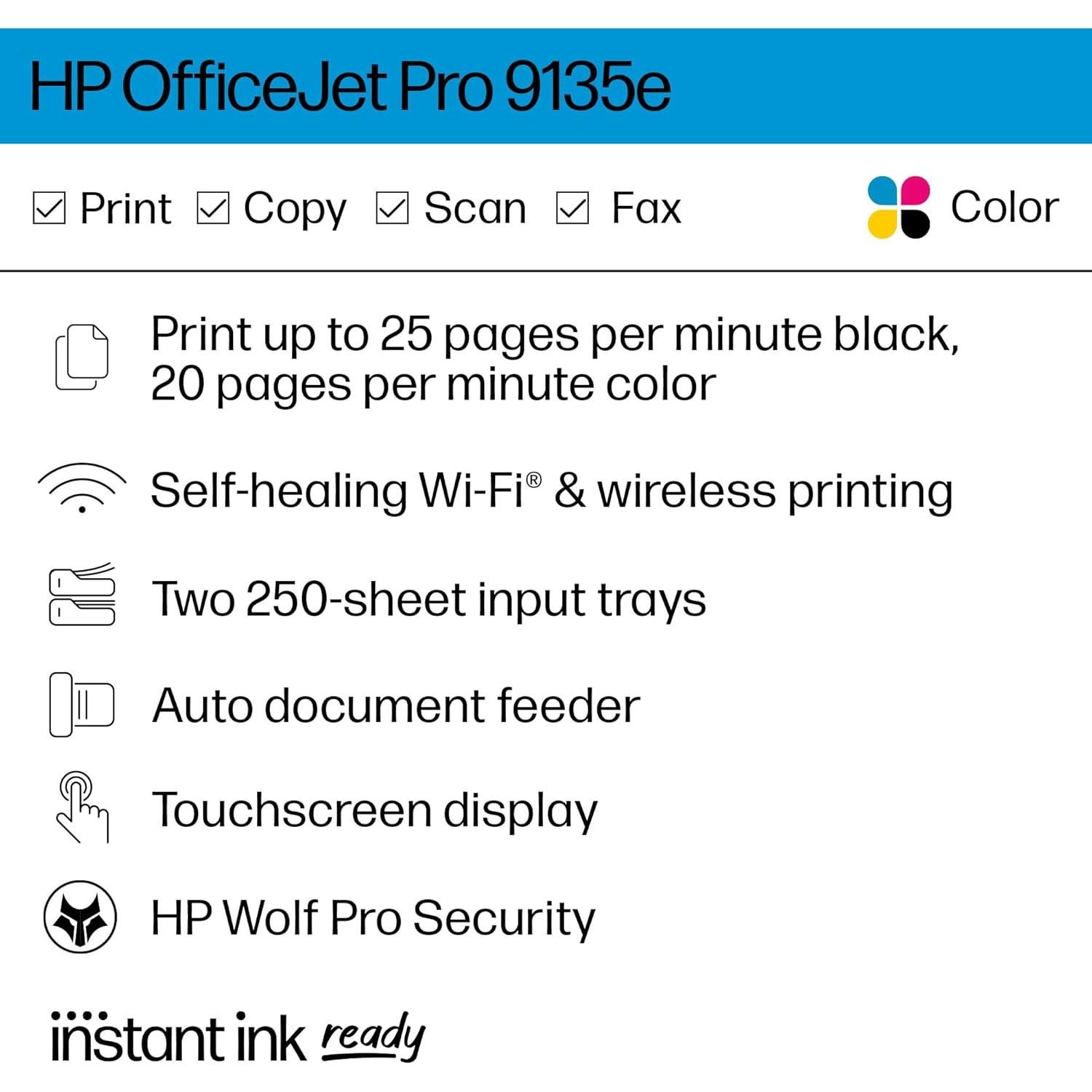 OfficeJet Pro 9135e Wireless All-in-One Color Inkjet Printer, Print, scan, copy, fax, ADF, Duplex printing best-for-office, 3 month Instant Ink trial included, AI-enabled (404M0A)