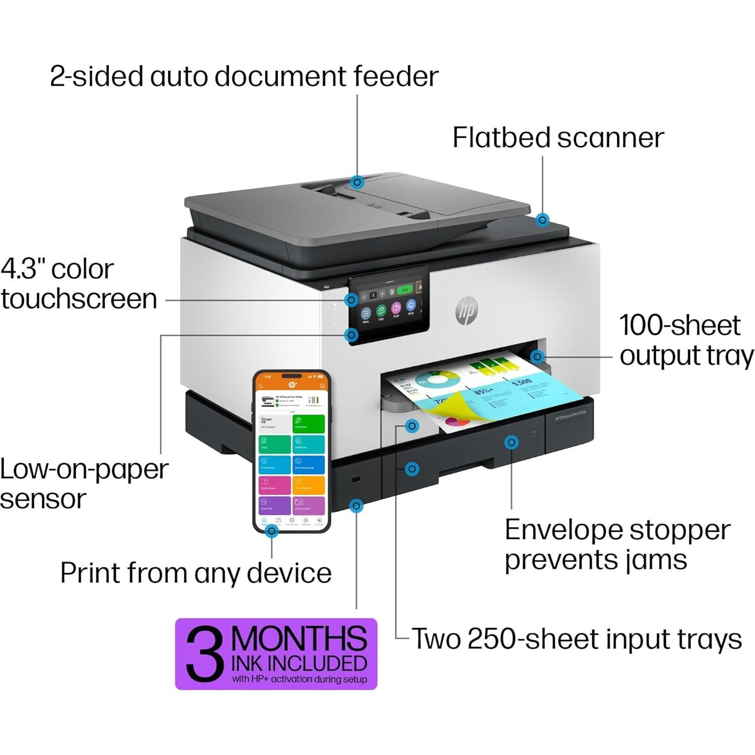 OfficeJet Pro 9135e Wireless All-in-One Color Inkjet Printer, Print, scan, copy, fax, ADF, Duplex printing best-for-office, 3 month Instant Ink trial included, AI-enabled (404M0A)