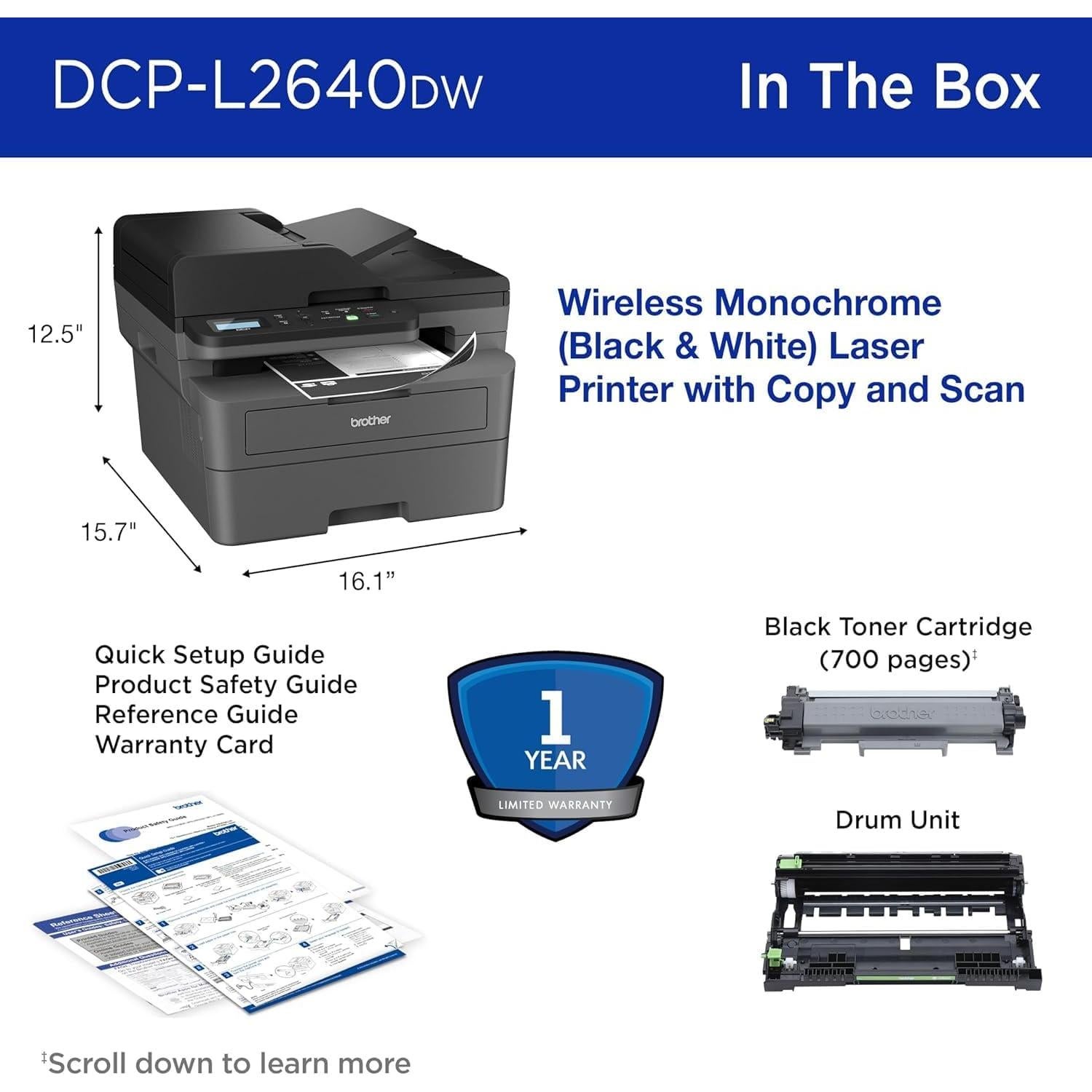 Impresora Láser Monocromática Brother DCP-L26 3-en-1 WiFi 36 ppm