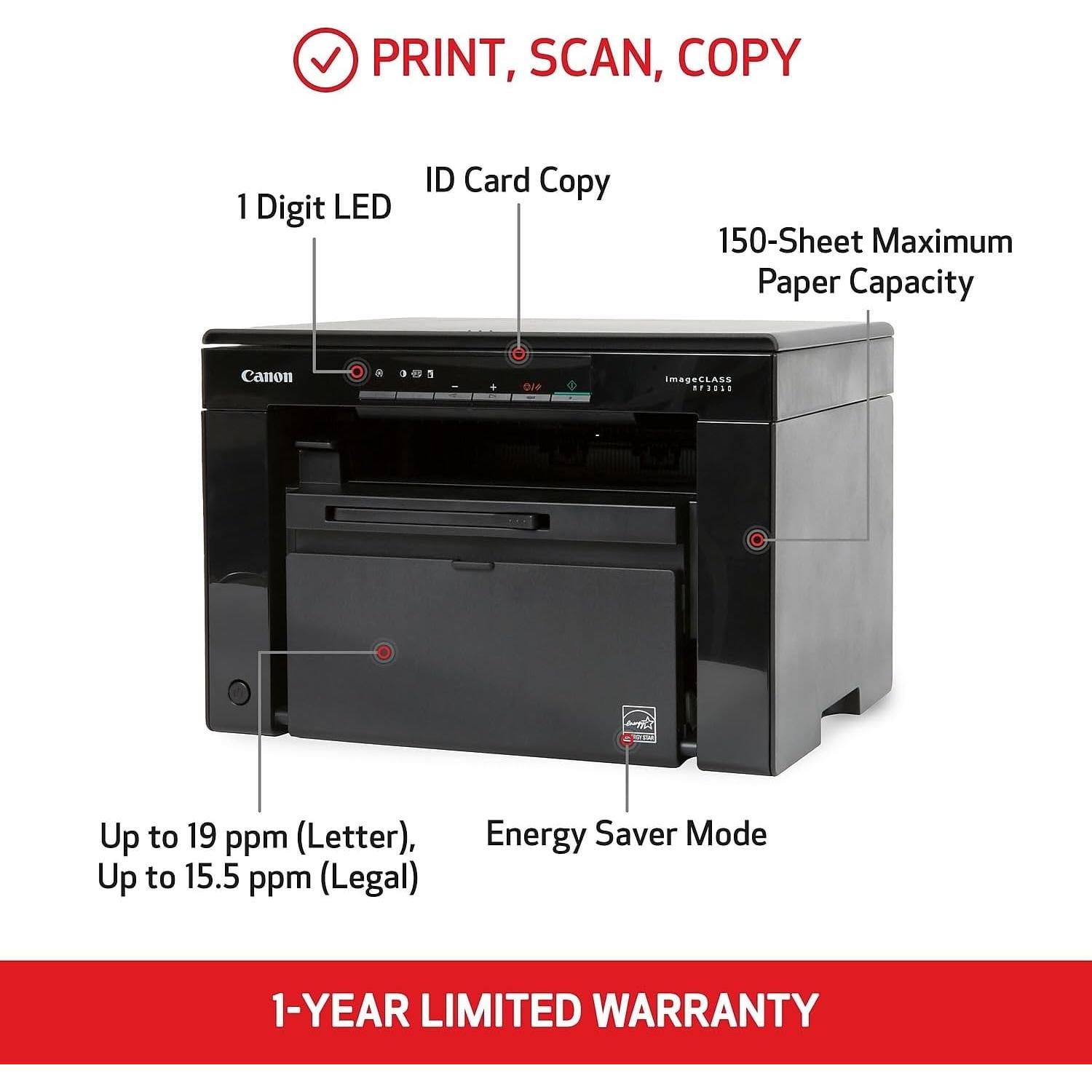Impresora láser multifuncional Canon MF3010 VP - Escáner, Copiadora, 19 PPM