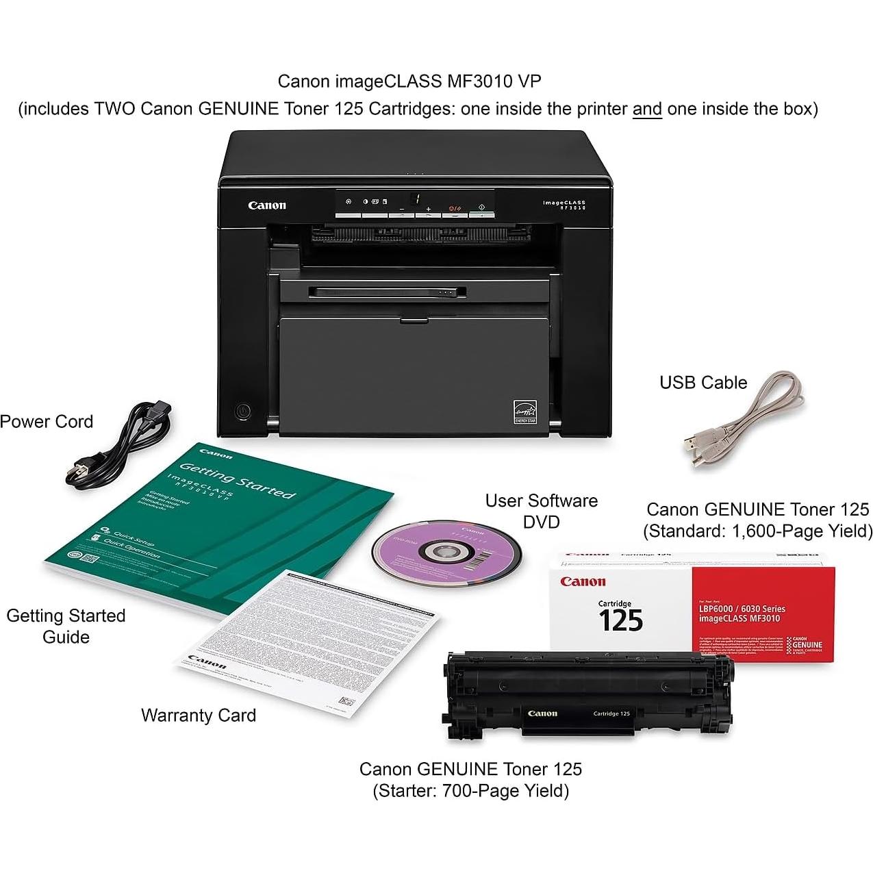 Impresora láser multifuncional Canon MF3010 VP - Escáner, Copiadora, 19 PPM