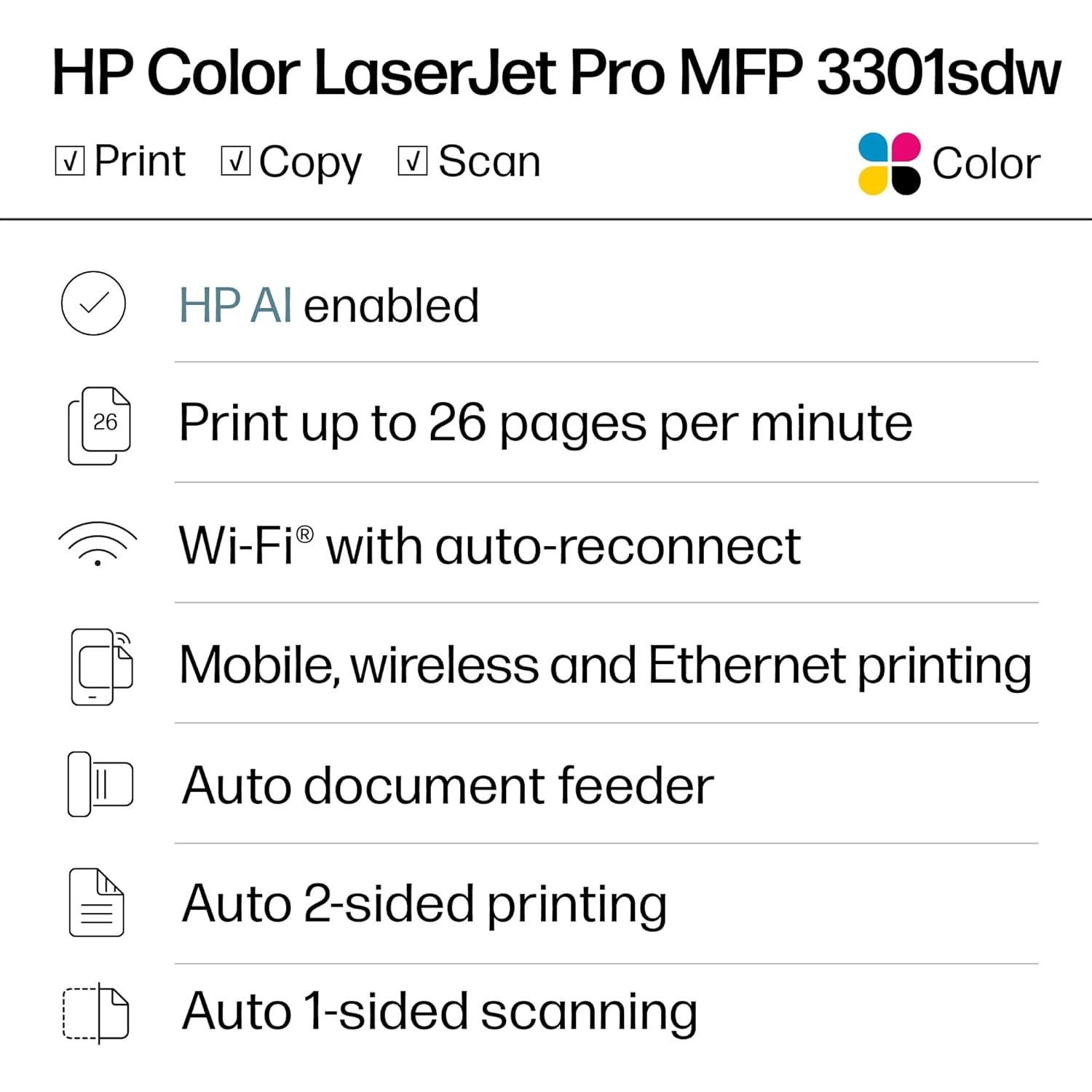Impresora Multifuncional HP Color LaserJet Pro MFP 3301sdw