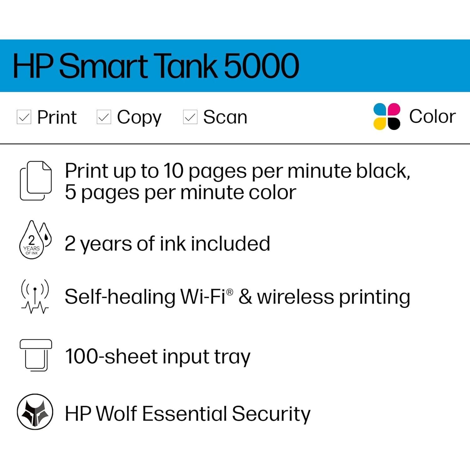 Impresora HP Smart Tank 5000 Todo-en-Uno Inalámbrica con 2 Años de Tinta