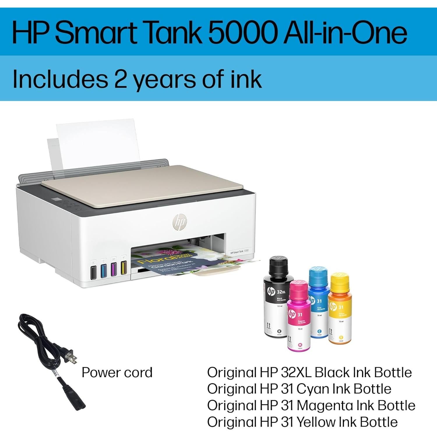 Impresora HP Smart Tank 5000 Todo-en-Uno Inalámbrica con 2 Años de Tinta