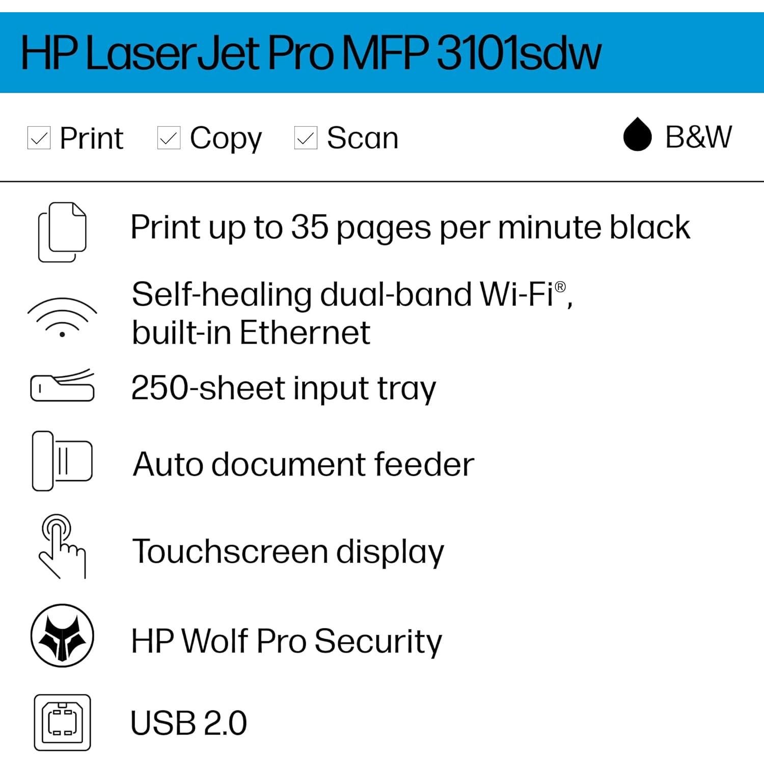 LaserJet Pro MFP 3101sdw Wireless All-in-One Laser Printer, Office Printer, Duplex, Best-for-Small Teams (9D2X4F)