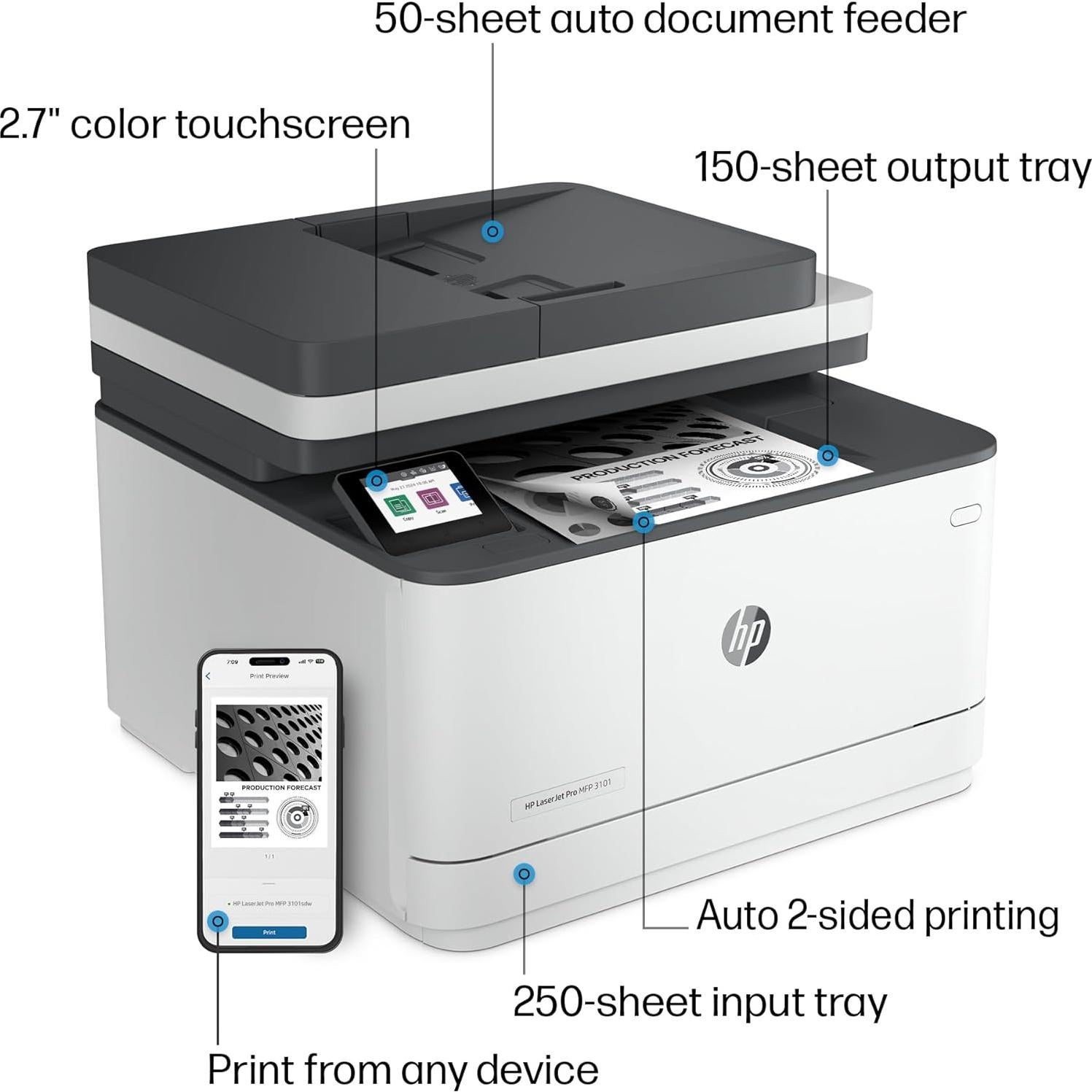 LaserJet Pro MFP 3101sdw Wireless All-in-One Laser Printer, Office Printer, Duplex, Best-for-Small Teams (9D2X4F)