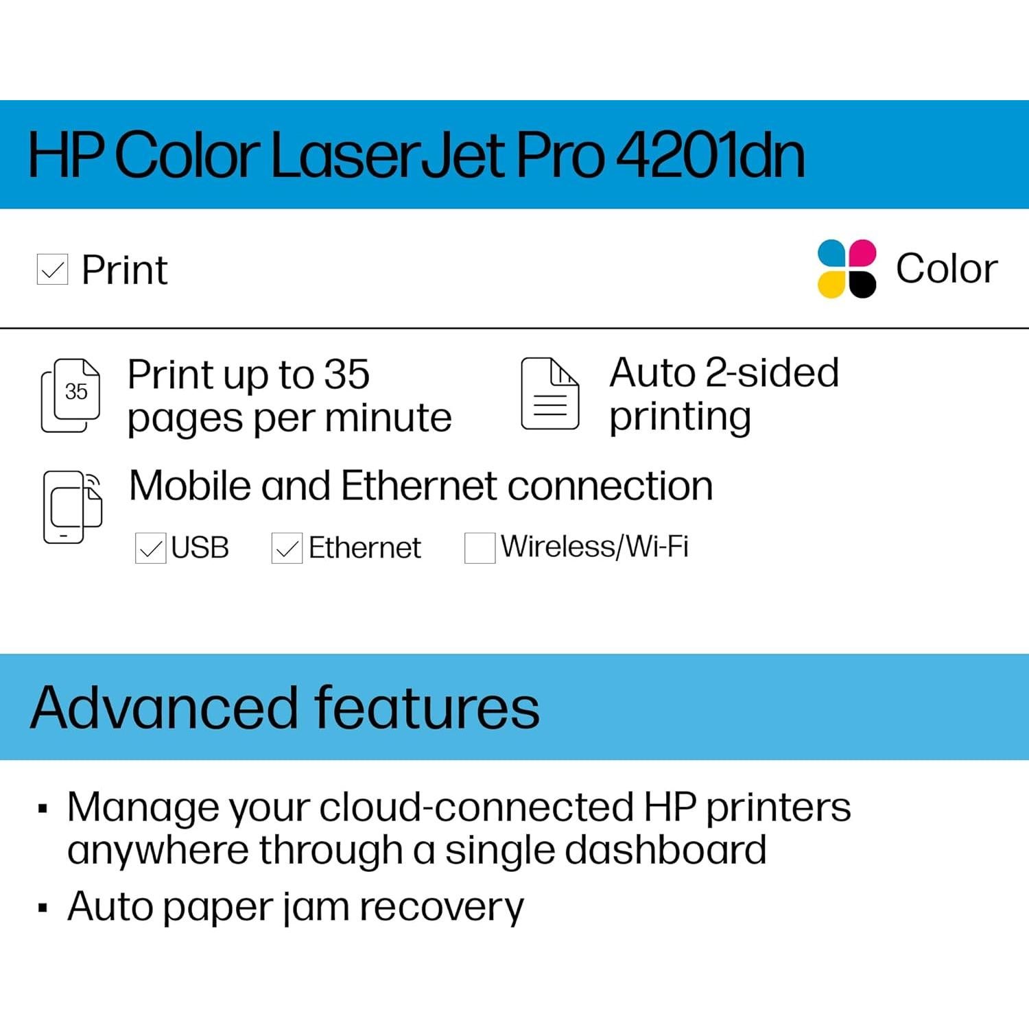 Impresora láser color HP Pro 4201dn, 16.3 kg, Doble cara