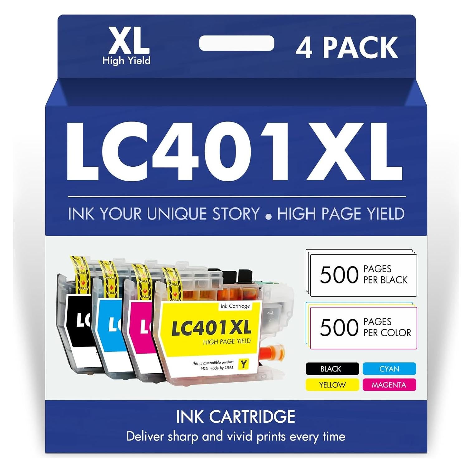 Cartuchos de tinta LC401XL para impresora Brother - Paquete de 4