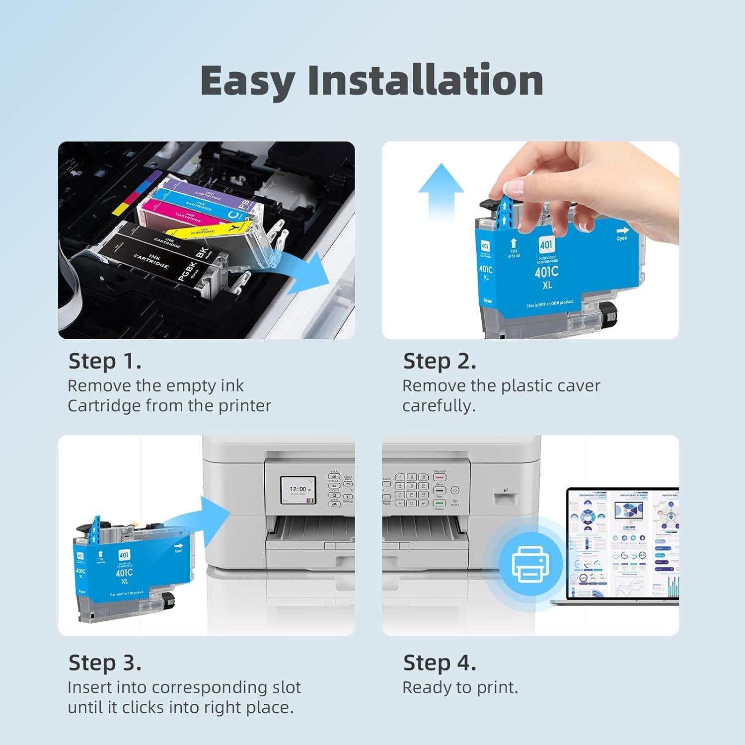 Cartuchos de tinta LC401XL Belietop para Brother MFC-J1010DW 4 Pack