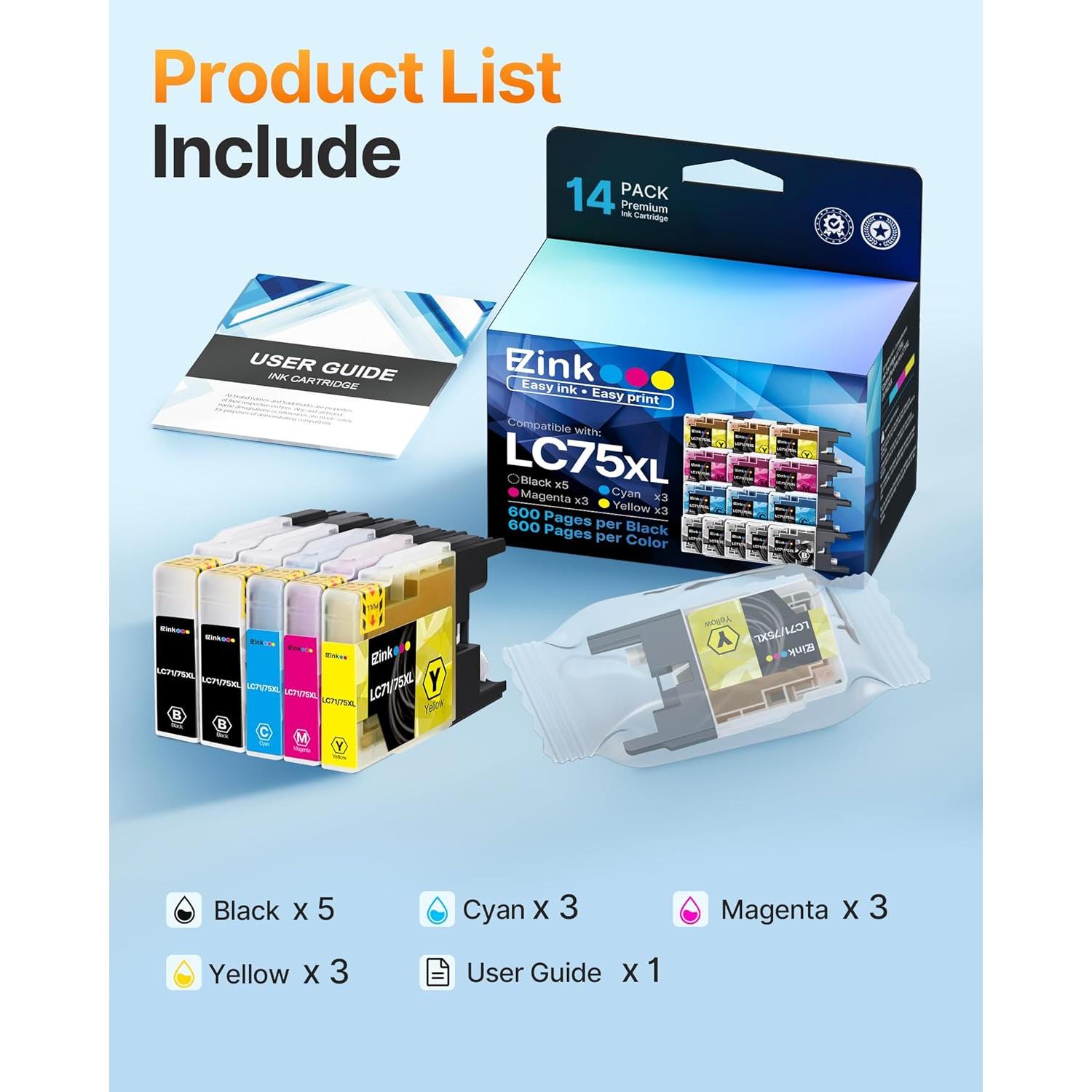 Cartuchos de tinta E-Z Ink compatibles Brother LC75 XL - 14 piezas