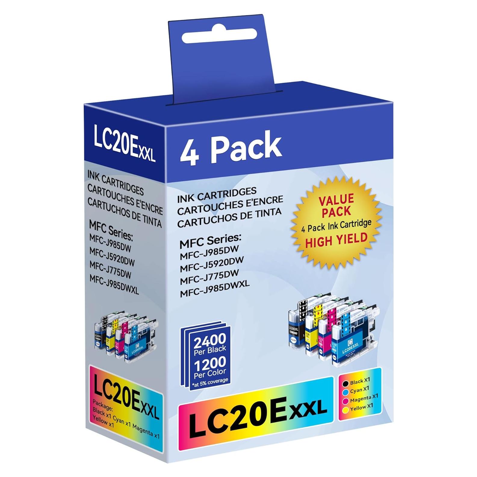LC20E XXL Super-High-Yield Ink Compatible for Brother LC20E Ink Cartridges for Brother MFC-J985DW Ink Cartridges MFC-J775DW MFC-J775DW, MFC-J5920DW MFC-J5920DW MFC-J985DW XL Printer Ink 4PK