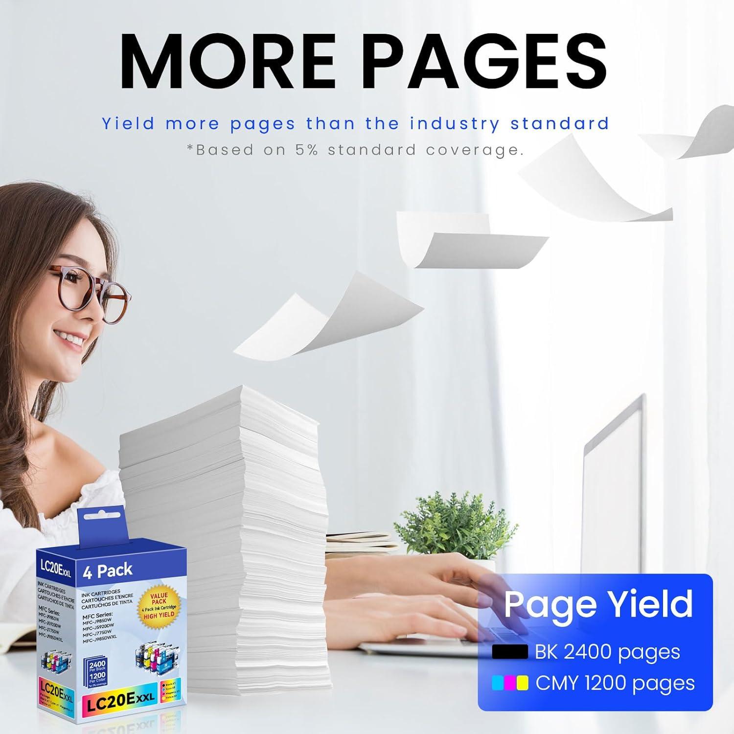 LC20E XXL Super-High-Yield Ink Compatible for Brother LC20E Ink Cartridges for Brother MFC-J985DW Ink Cartridges MFC-J775DW MFC-J775DW, MFC-J5920DW MFC-J5920DW MFC-J985DW XL Printer Ink 4PK