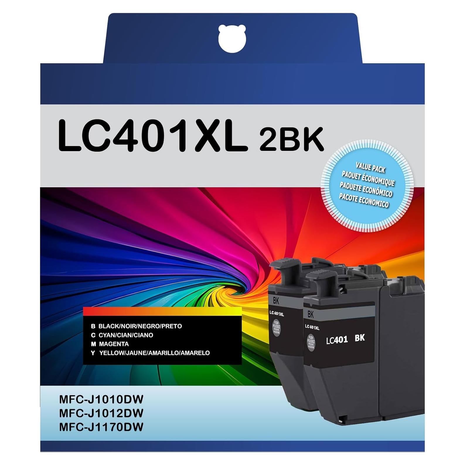 LC401XL Black Ink Cartridges, High Yield Compatible for Brother LC401 BK LC401XL Ink Cartridges, Works with MFC-J1010DW J1012DW J1170DW Printers, LC401 Black Ink for Brother Printer, 2 Pack